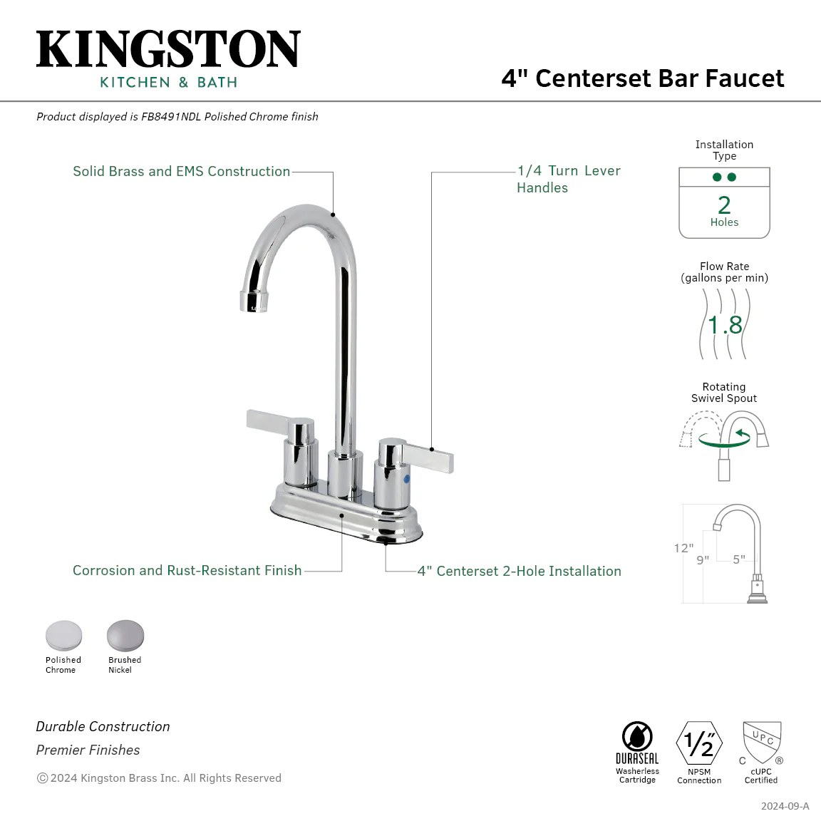 Kingston Tulare FB8498NDL - NuvoFusion Two-Handle 2-Hole Deck Mount Bar Faucet, Brushed Nickel - Image 2