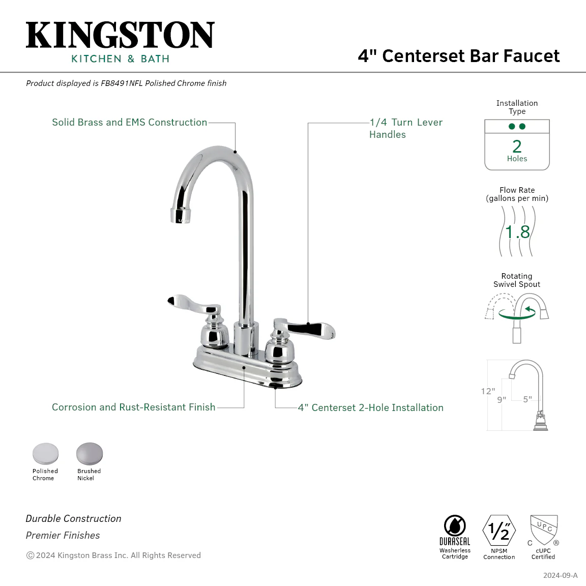 Kingston Tulare FB8498NFL - Nuwave French Two-Handle 2-Hole Deck Mount Bar Faucet, Brushed Nickel - Image 2