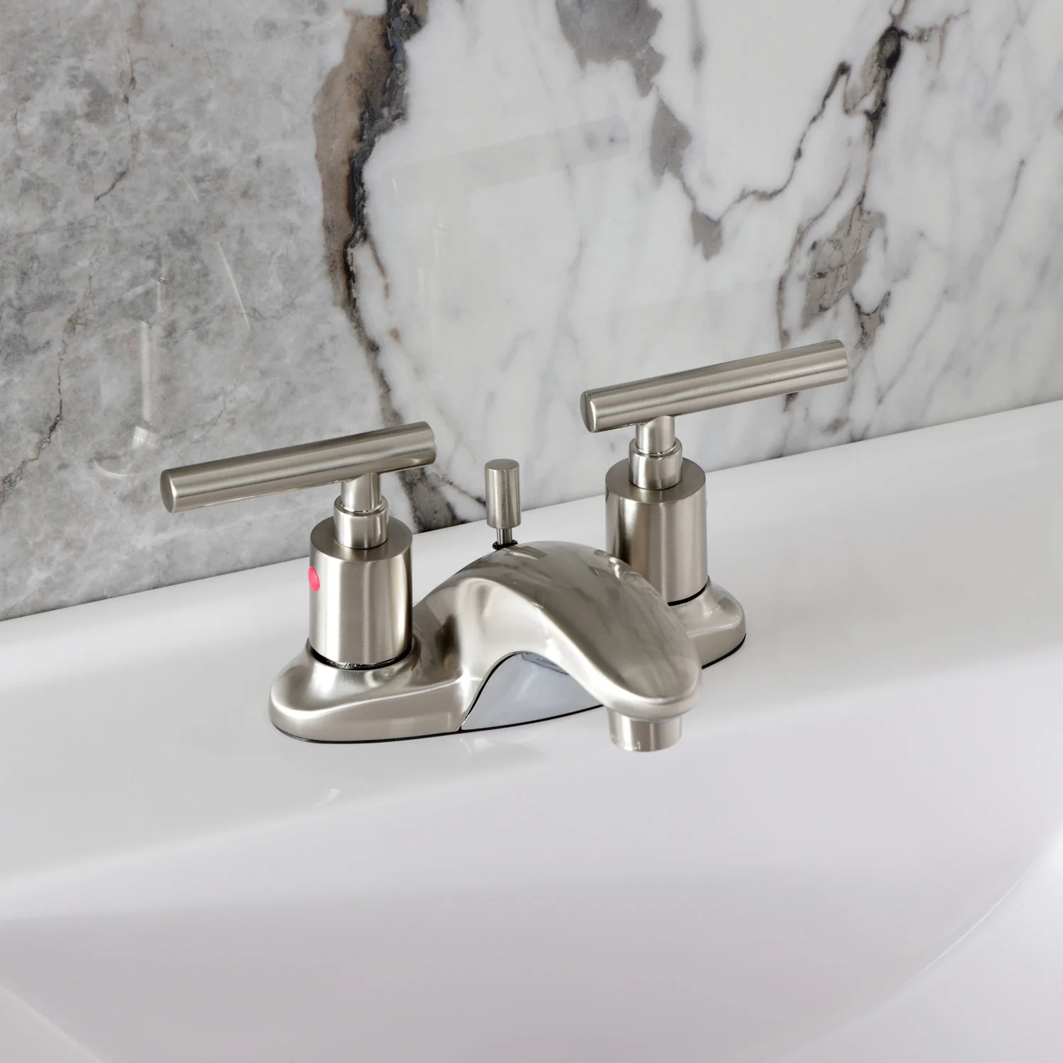 Kingston Tulare FB8628CML - Manhattan Double-Handle 3-Hole Deck Mount 4-Inch Centerset Bathroom Faucet with Pop-Up Drain, Brushed Nickel - Image 4