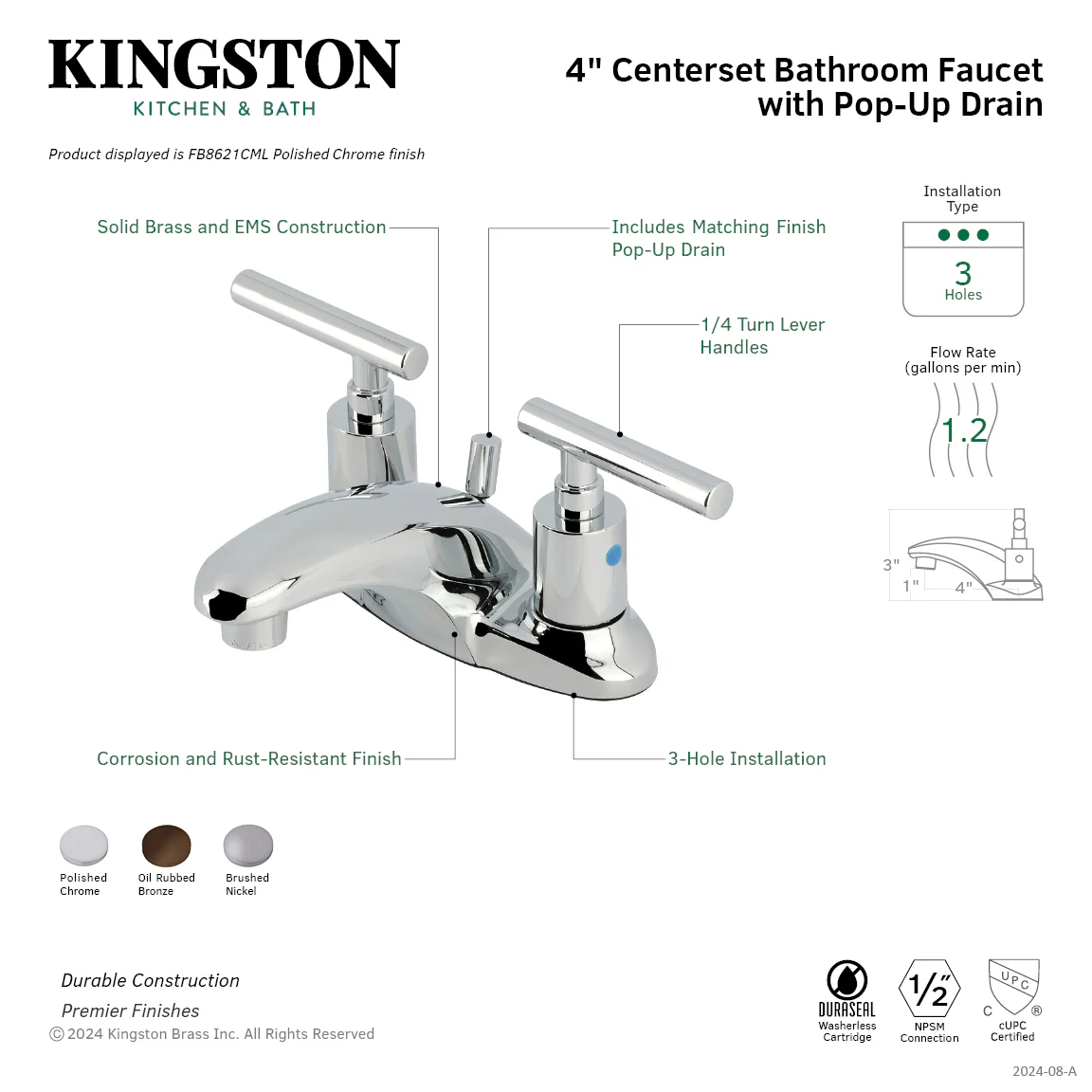 Kingston Tulare FB8628CML - Manhattan Double-Handle 3-Hole Deck Mount 4-Inch Centerset Bathroom Faucet with Pop-Up Drain, Brushed Nickel - Image 8