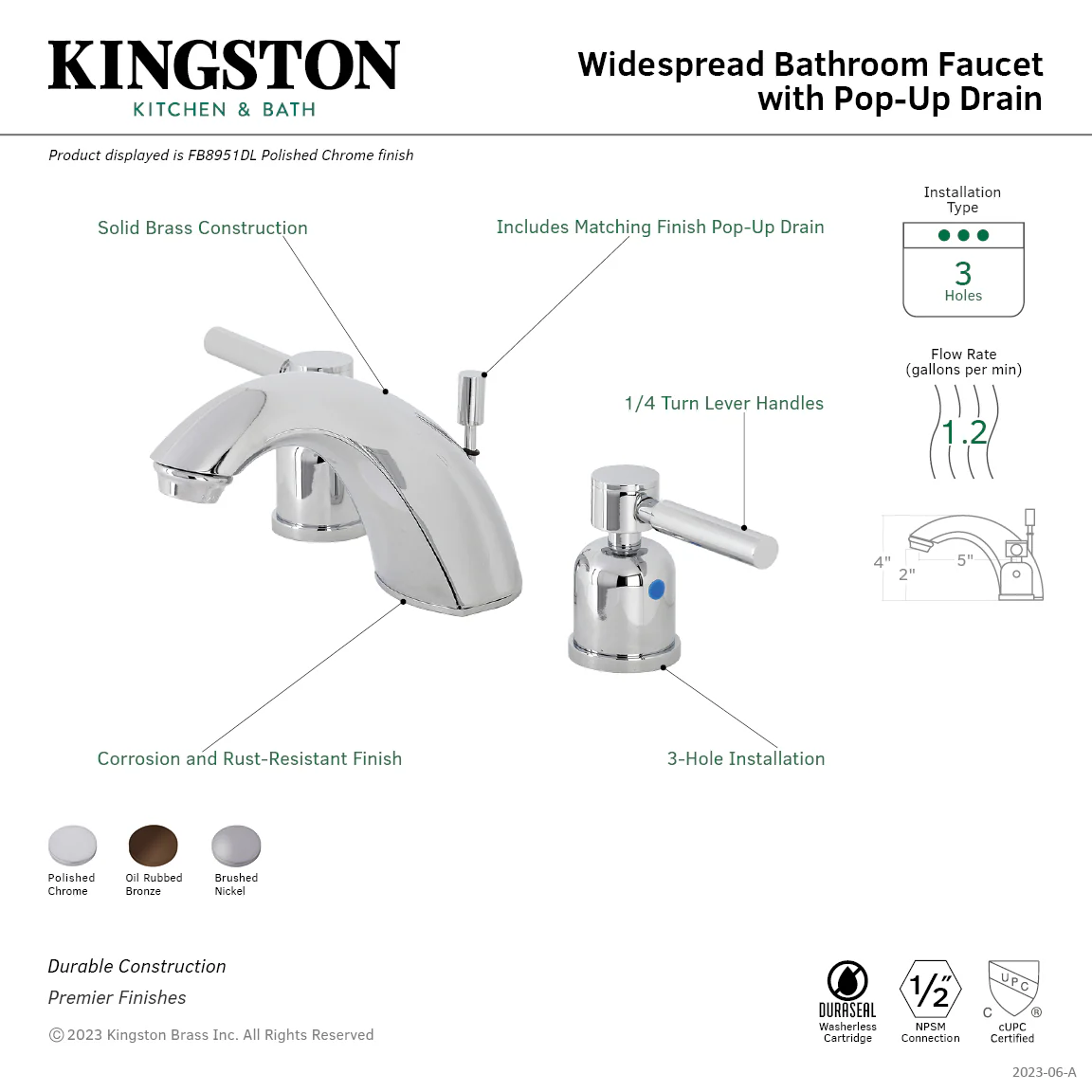 Kingston Tulare FB8951DL - Concord Two-Handle 3-Hole Deck Mount Widespread Bathroom Faucet with Pop-Up Drain, Polished Chrome - Image 8