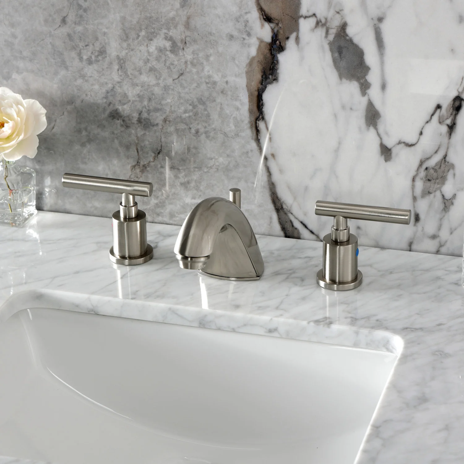 Kingston Tulare FB8958CML - Manhattan Two-Handle 3-Hole Deck Mount Widespread Bathroom Faucet with Pop-Up Drain, Brushed Nickel - Image 2