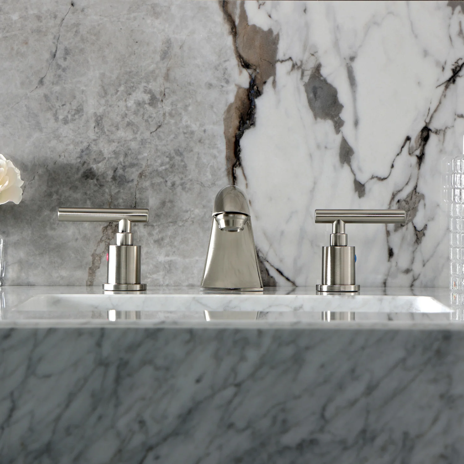 Kingston Tulare FB8958CML - Manhattan Two-Handle 3-Hole Deck Mount Widespread Bathroom Faucet with Pop-Up Drain, Brushed Nickel - Image 3