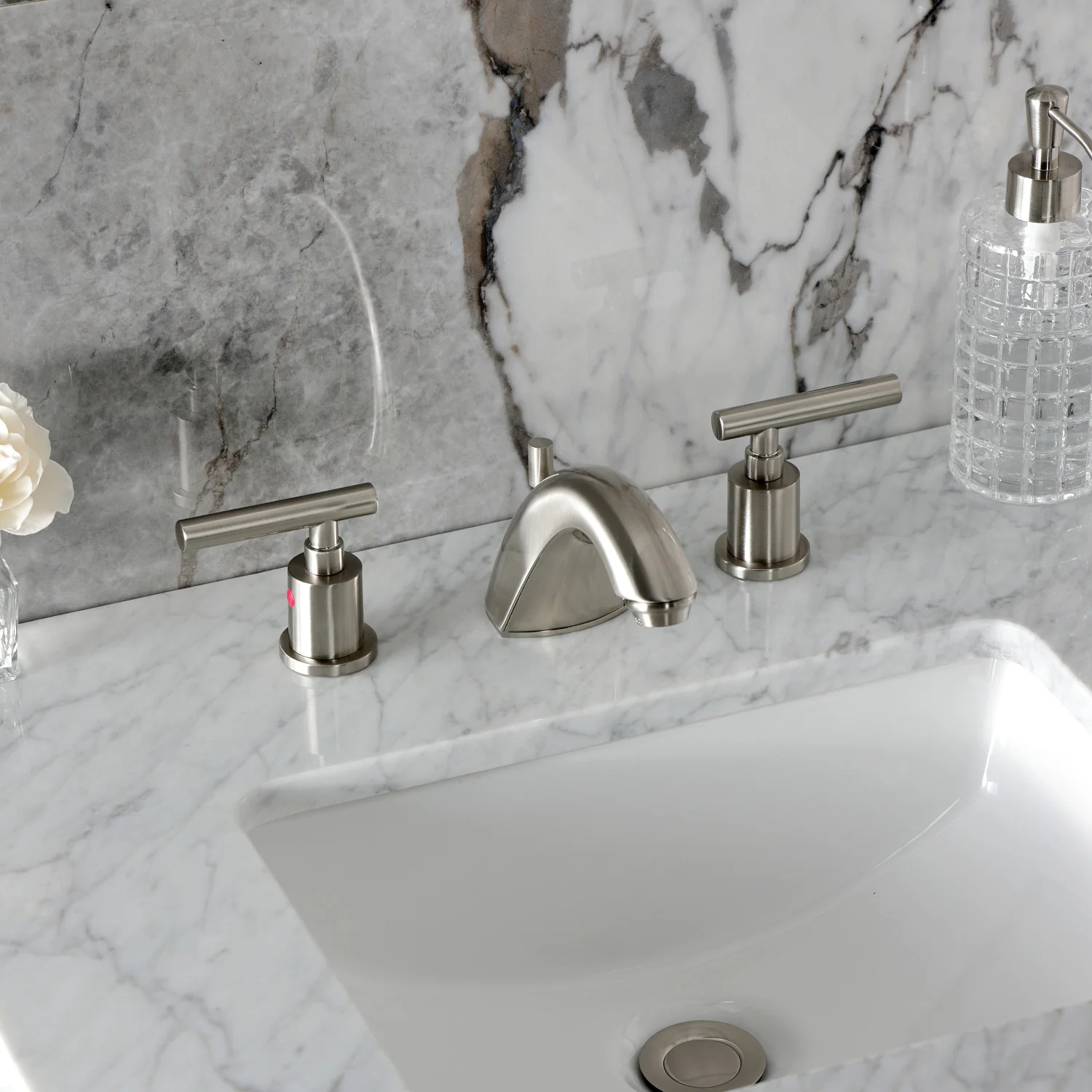 Kingston Tulare FB8958CML - Manhattan Two-Handle 3-Hole Deck Mount Widespread Bathroom Faucet with Pop-Up Drain, Brushed Nickel - Image 4