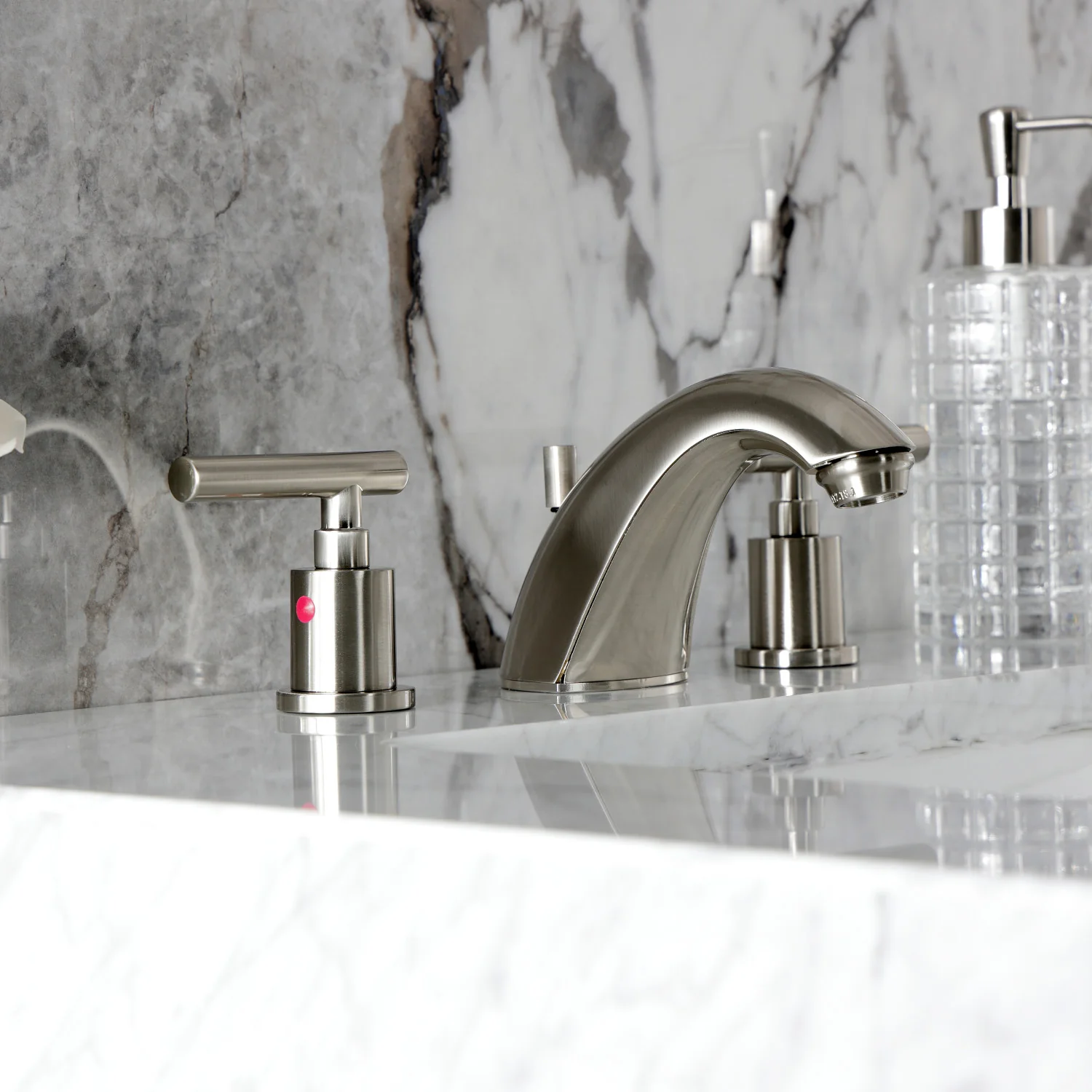 Kingston Tulare FB8958CML - Manhattan Two-Handle 3-Hole Deck Mount Widespread Bathroom Faucet with Pop-Up Drain, Brushed Nickel - Image 5