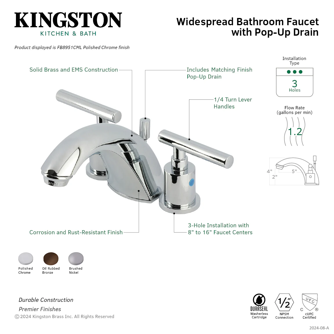 Kingston Tulare FB8958CML - Manhattan Two-Handle 3-Hole Deck Mount Widespread Bathroom Faucet with Pop-Up Drain, Brushed Nickel - Image 8
