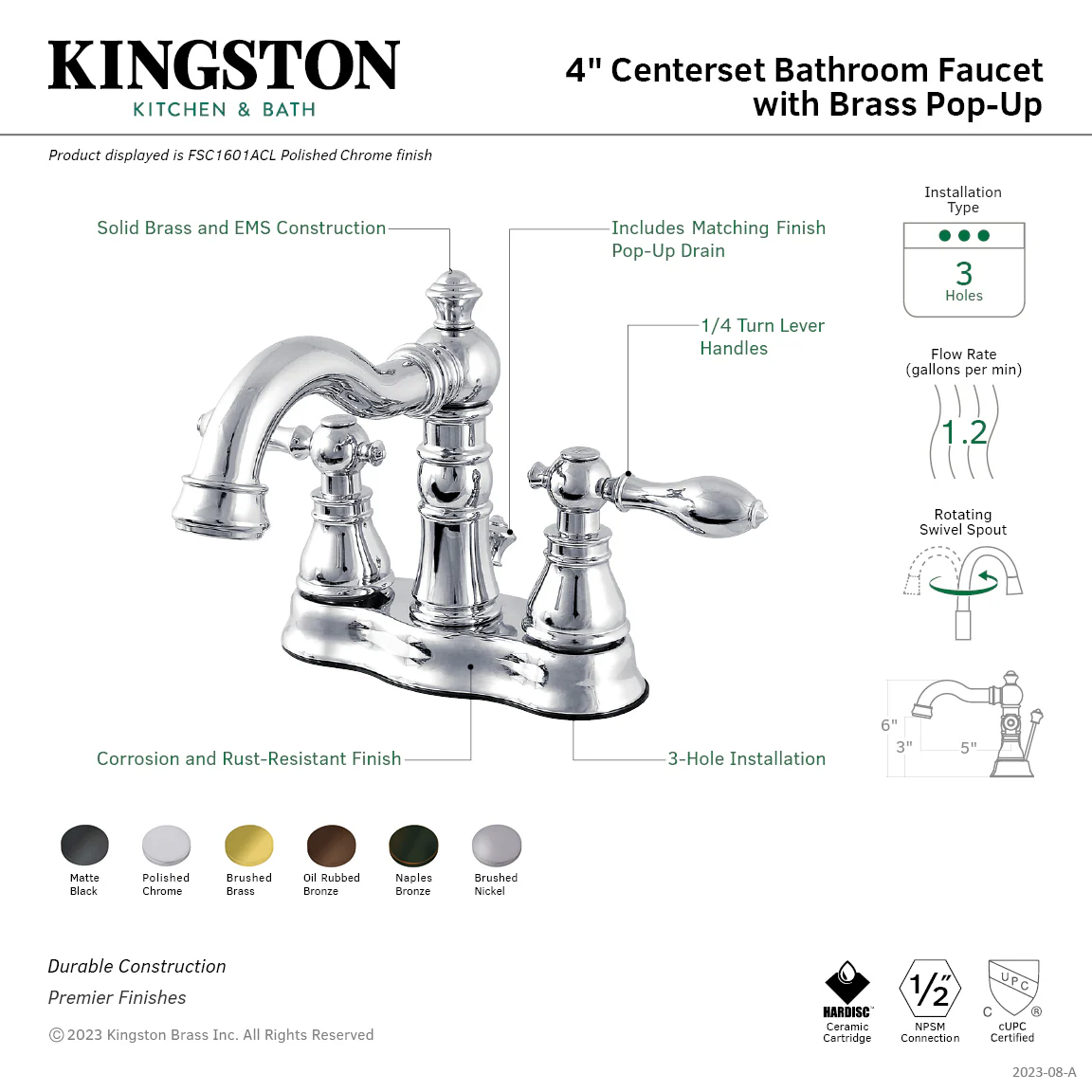 Kingston Heirloom FSC1608ACL - American Classic Double-Handle 3-Hole Deck Mount 4-Inch Centerset Bathroom Faucet with Brass Pop-Up, Brushed Nickel - Image 2