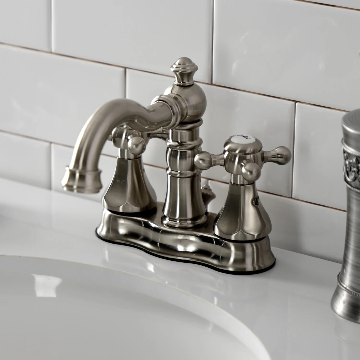 Kingston Heirloom FSC1608BX - Metropolitan Double-Handle 3-Hole Deck Mount 4-Inch Centerset Bathroom Faucet with Brass Pop-Up, Brushed Nickel - Image 2