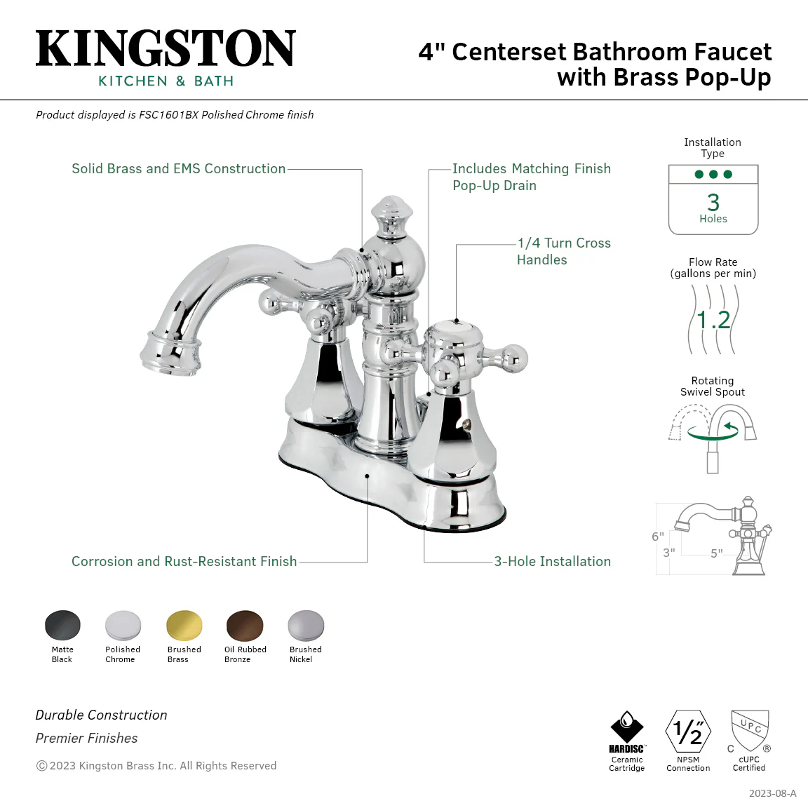 Kingston Heirloom FSC1608BX - Metropolitan Double-Handle 3-Hole Deck Mount 4-Inch Centerset Bathroom Faucet with Brass Pop-Up, Brushed Nickel - Image 5