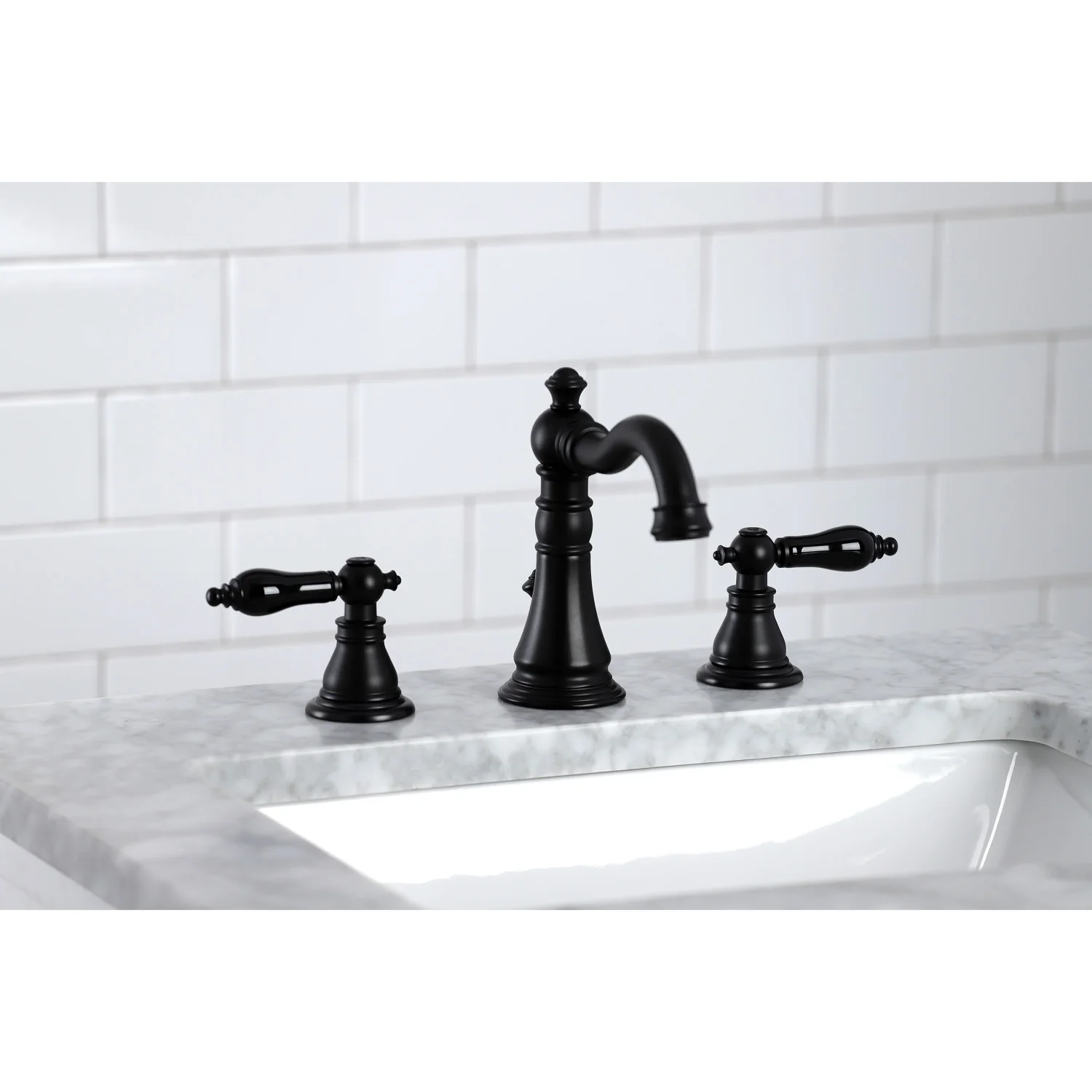 Kingston Heirloom FSC1970AKL - Duchess Two-Handle 3-Hole Deck Mount Widespread Bathroom Faucet with Brass Pop-Up, Matte Black - Image 2