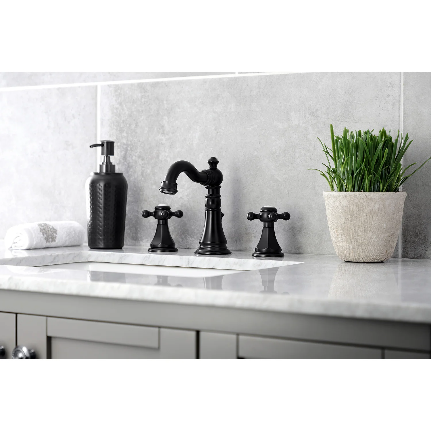 Kingston Heirloom FSC1970BX - Metropolitan Two-Handle 3-Hole Deck Mount Widespread Bathroom Faucet with Brass Pop-Up, Matte Black - Image 4