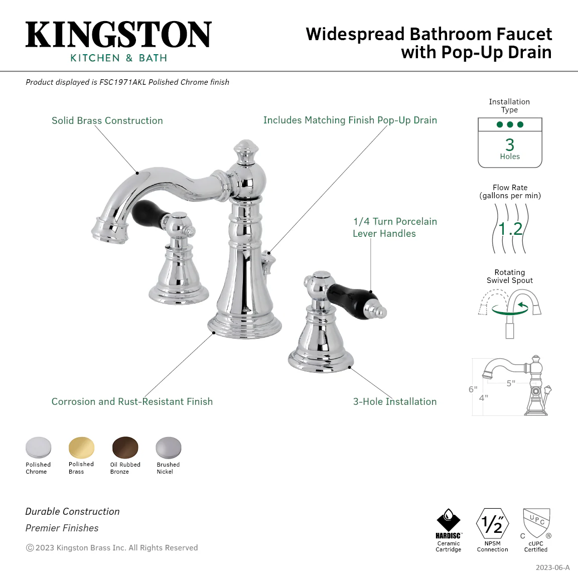 Kingston Heirloom FSC1972AKL - Duchess Two-Handle 3-Hole Deck Mount Widespread Bathroom Faucet with Pop-Up Drain, Polished Brass - Image 7