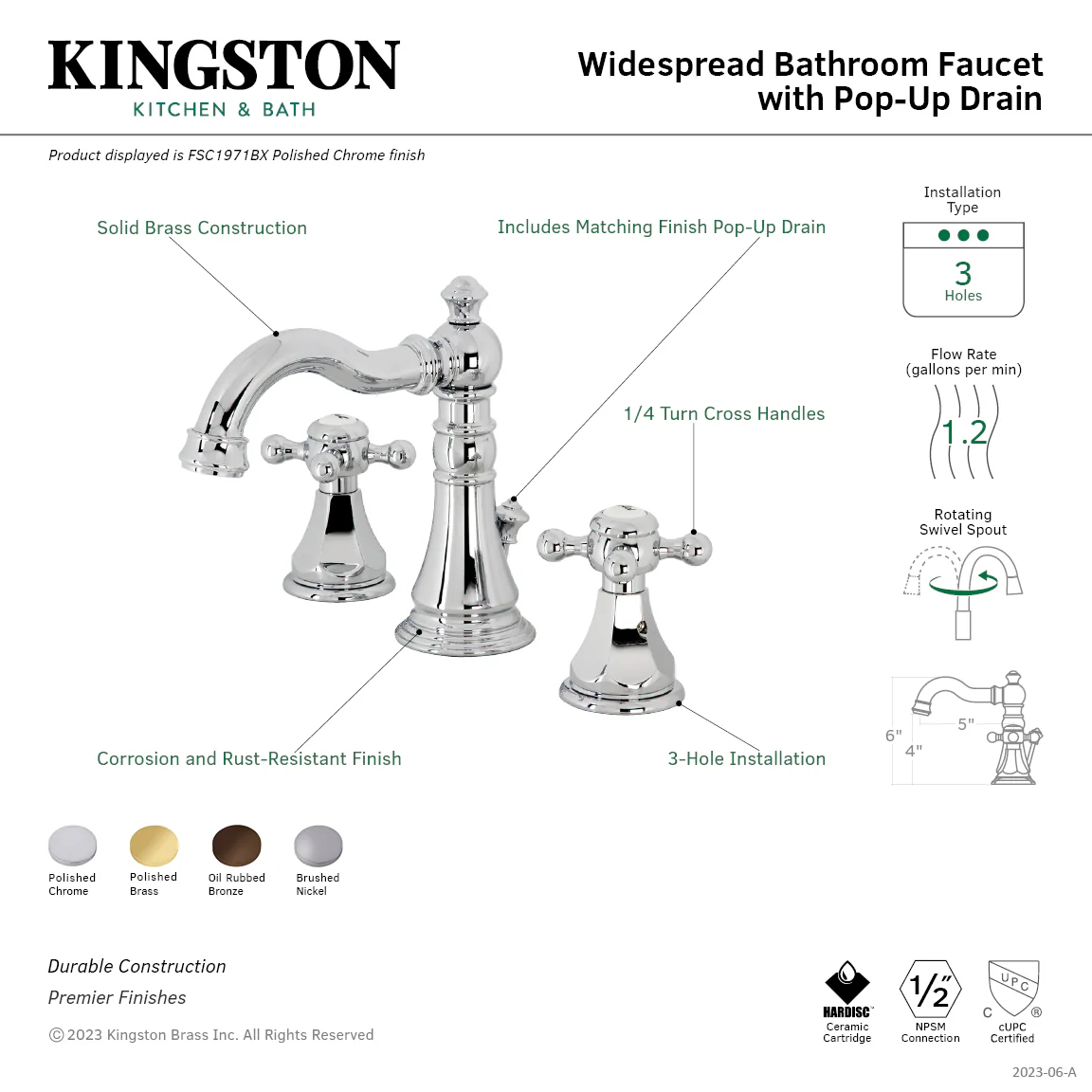 Kingston Heirloom FSC1972BX - Metropolitan Two-Handle 3-Hole Deck Mount Widespread Bathroom Faucet with Pop-Up Drain, Polished Brass - Image 7