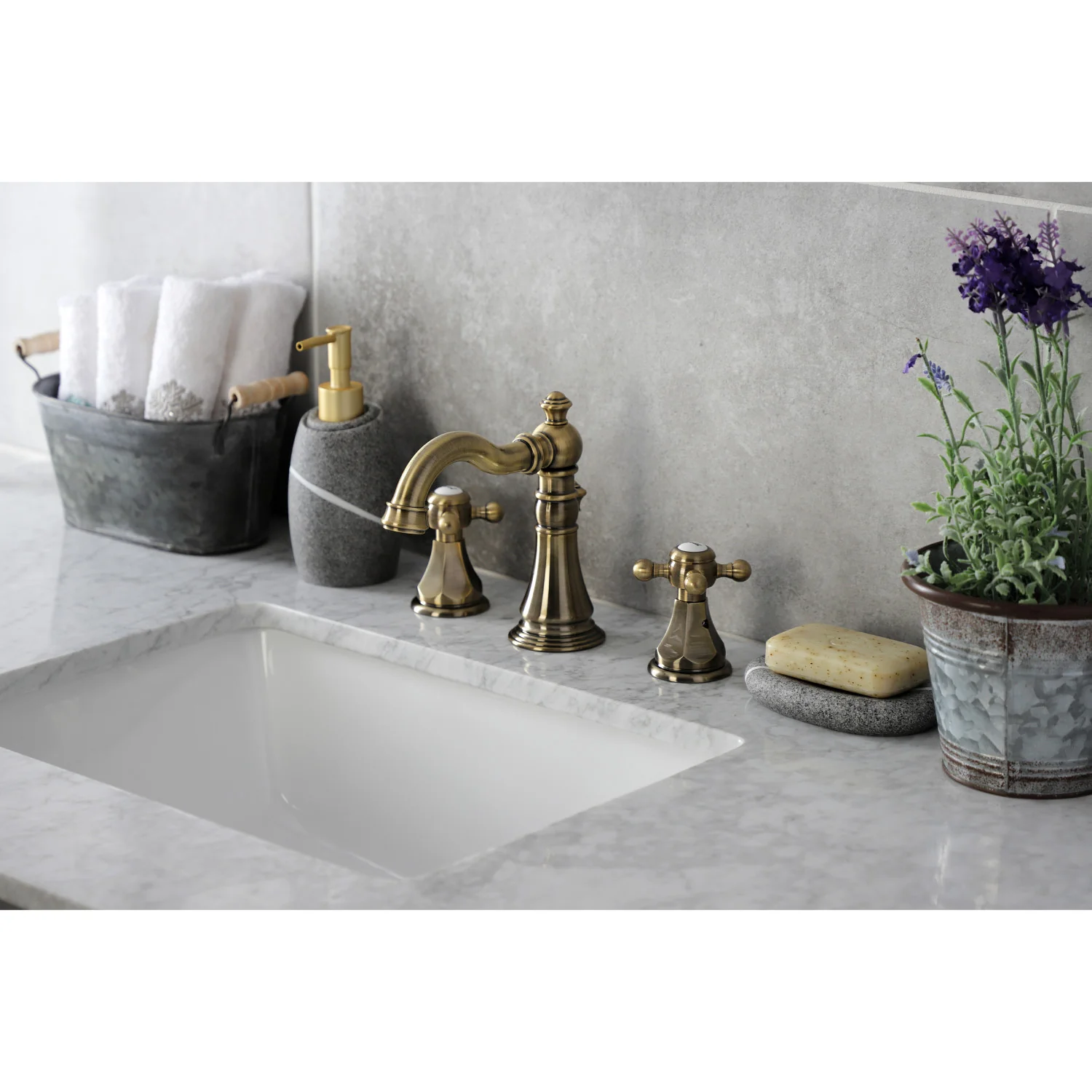 Kingston Heirloom FSC19733BX - Metropolitan Two-Handle 3-Hole Deck Mount Widespread Bathroom Faucet with Brass Pop-Up, Antique Brass - Image 2