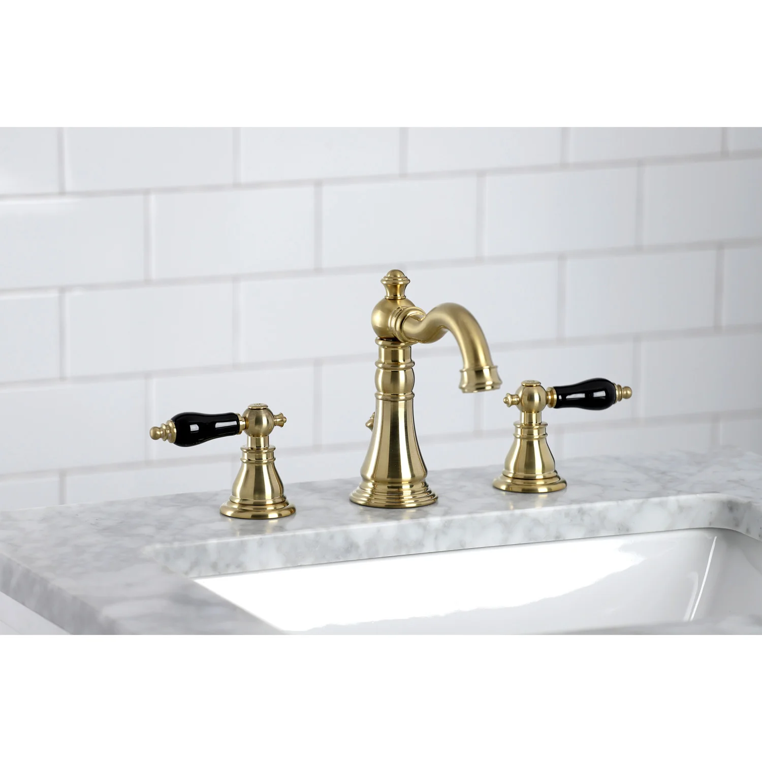 Kingston Heirloom FSC1973AKL - Duchess Two-Handle 3-Hole Deck Mount Widespread Bathroom Faucet with Brass Pop-Up, Brushed Brass - Image 2