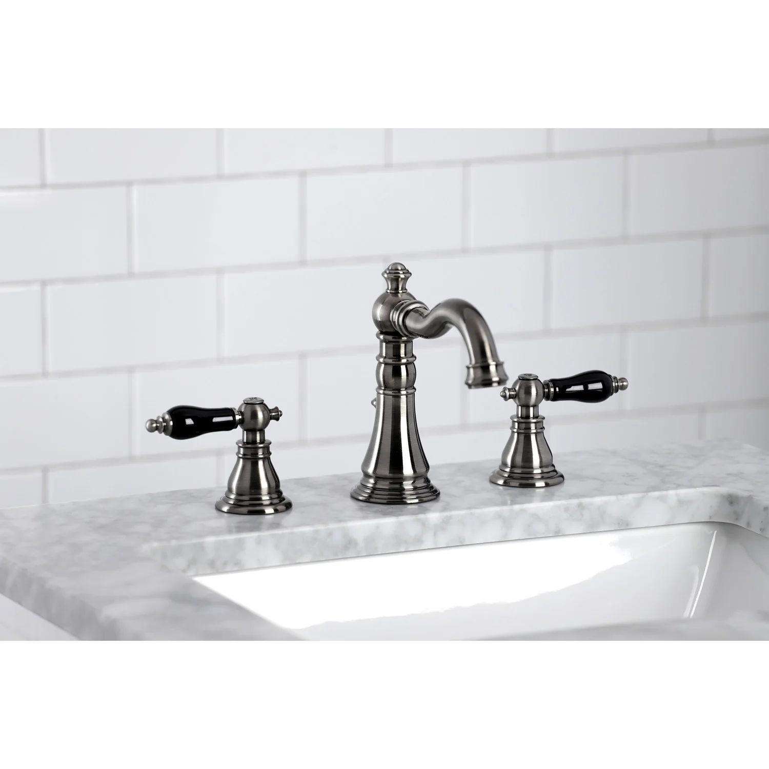 Kingston Heirloom FSC1974AKL - Duchess Two-Handle 3-Hole Deck Mount Widespread Bathroom Faucet with Brass Pop-Up, Black Stainless - Image 2