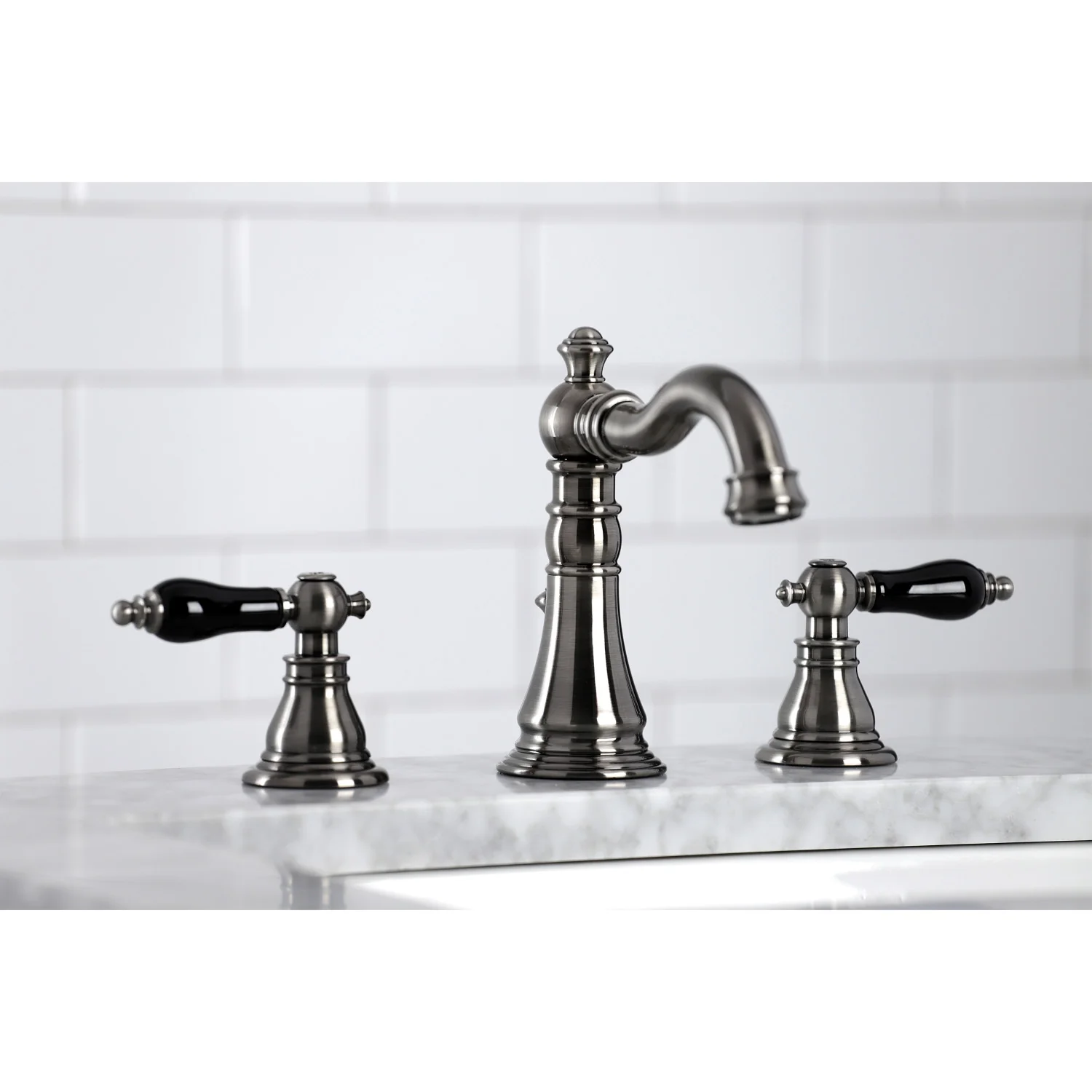 Kingston Heirloom FSC1974AKL - Duchess Two-Handle 3-Hole Deck Mount Widespread Bathroom Faucet with Brass Pop-Up, Black Stainless - Image 3