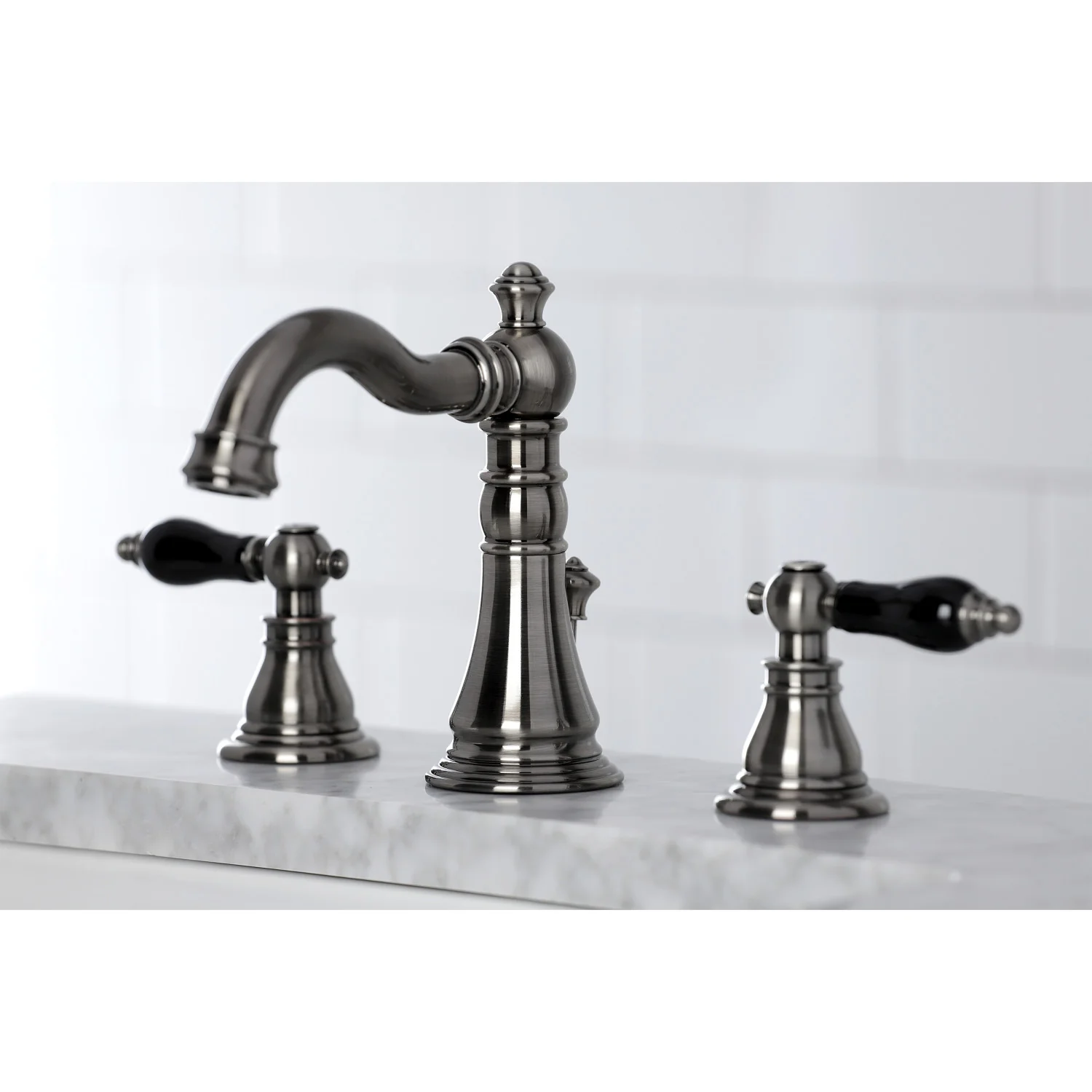Kingston Heirloom FSC1974AKL - Duchess Two-Handle 3-Hole Deck Mount Widespread Bathroom Faucet with Brass Pop-Up, Black Stainless - Image 4