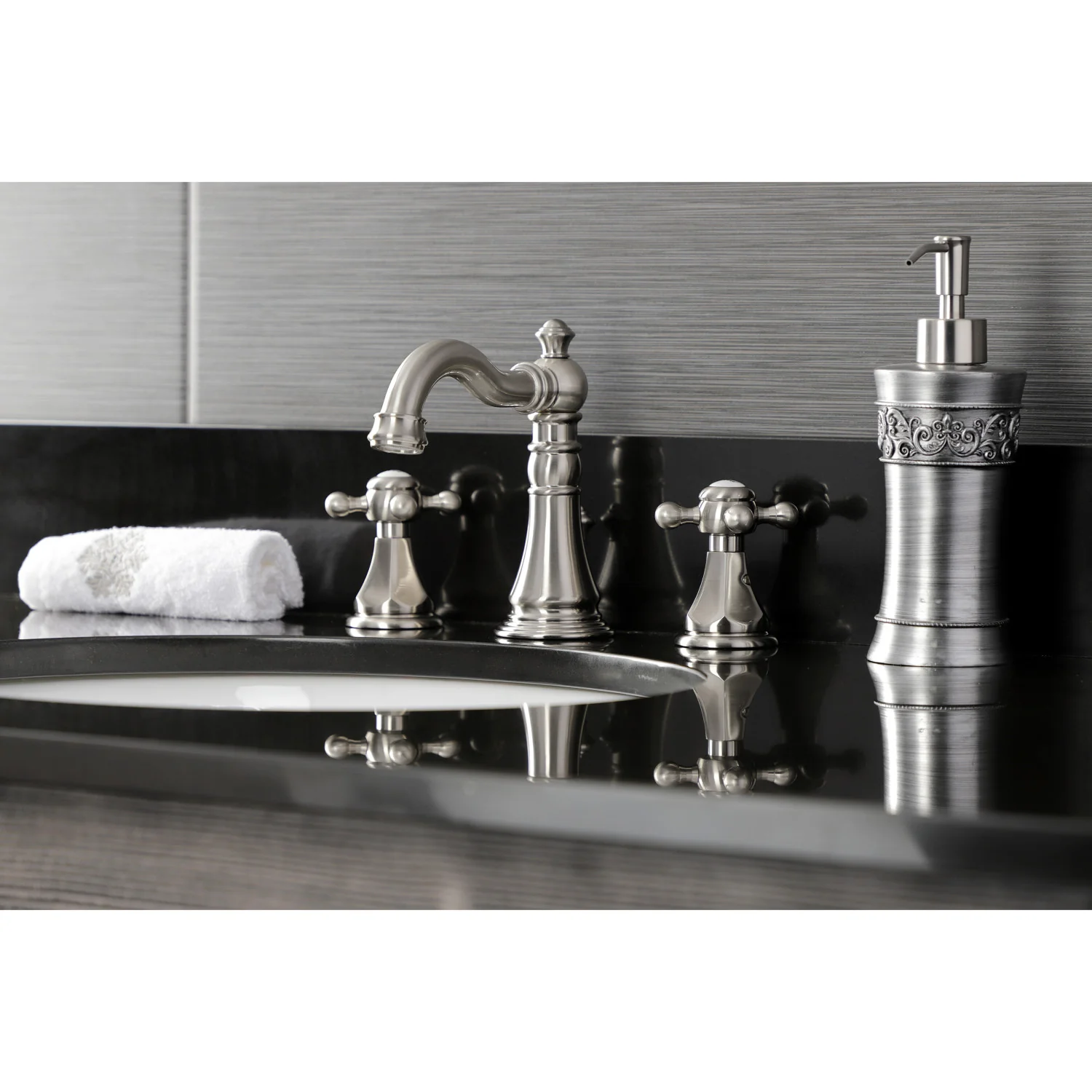 Kingston Heirloom FSC1978BX - Metropolitan Two-Handle 3-Hole Deck Mount Widespread Bathroom Faucet with Pop-Up Drain, Brushed Nickel - Image 2