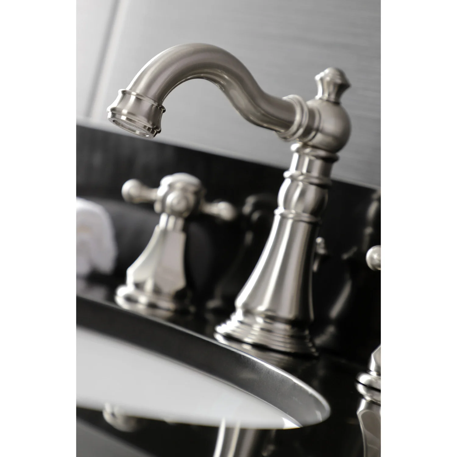 Kingston Heirloom FSC1978BX - Metropolitan Two-Handle 3-Hole Deck Mount Widespread Bathroom Faucet with Pop-Up Drain, Brushed Nickel - Image 4