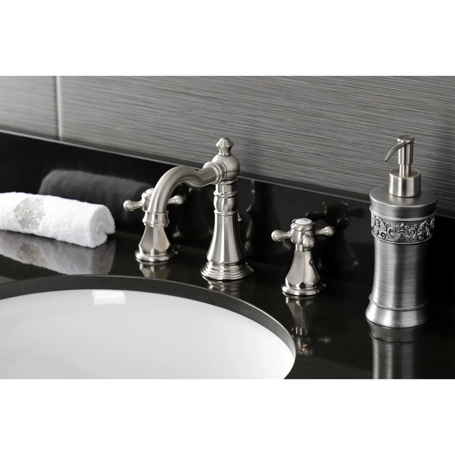 Kingston Heirloom FSC1978BX - Metropolitan Two-Handle 3-Hole Deck Mount Widespread Bathroom Faucet with Pop-Up Drain, Brushed Nickel - Image 5