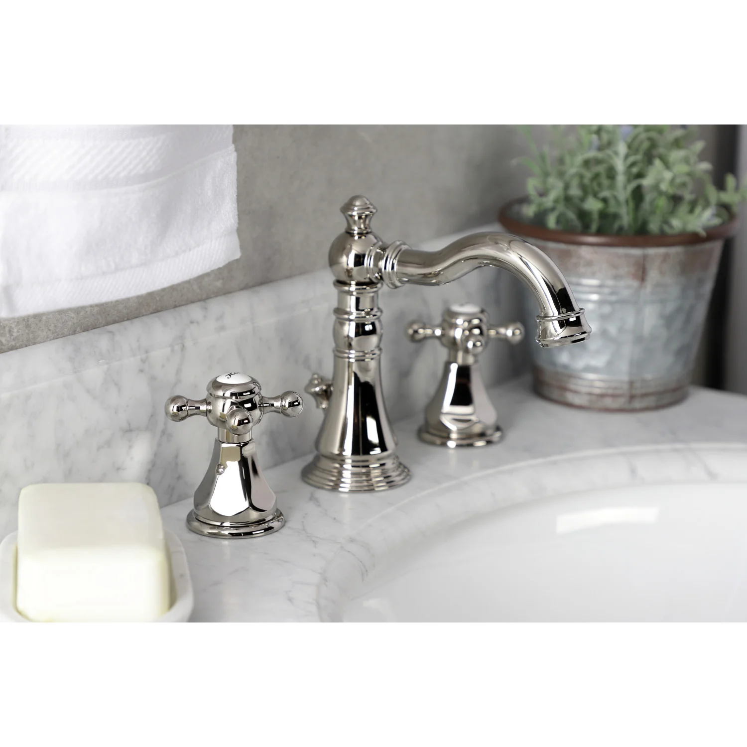 Kingston Heirloom FSC1979BX - Metropolitan Two-Handle 3-Hole Deck Mount Widespread Bathroom Faucet with Brass Pop-Up, Polished Nickel - Image 4