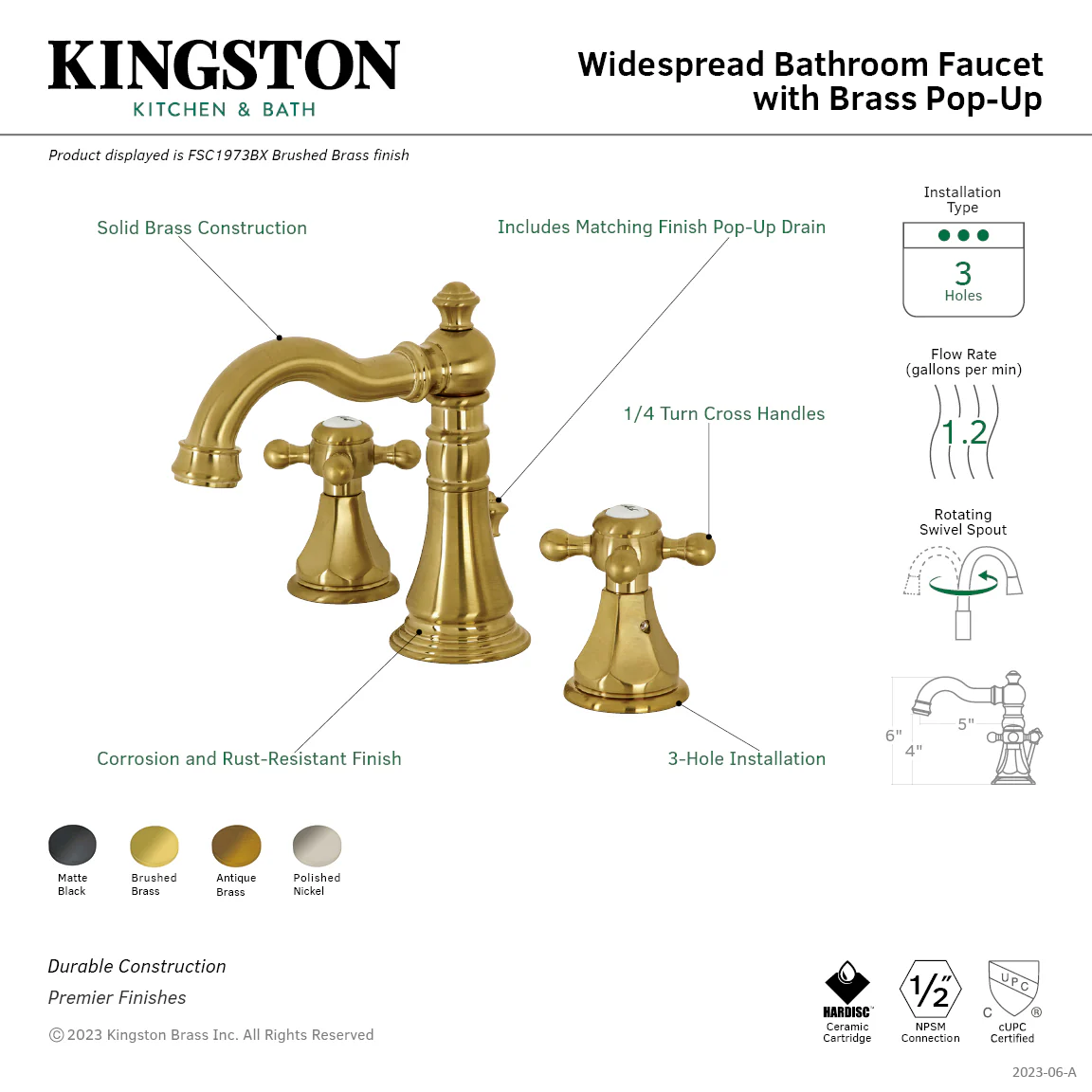 Kingston Heirloom FSC1979BX - Metropolitan Two-Handle 3-Hole Deck Mount Widespread Bathroom Faucet with Brass Pop-Up, Polished Nickel - Image 7