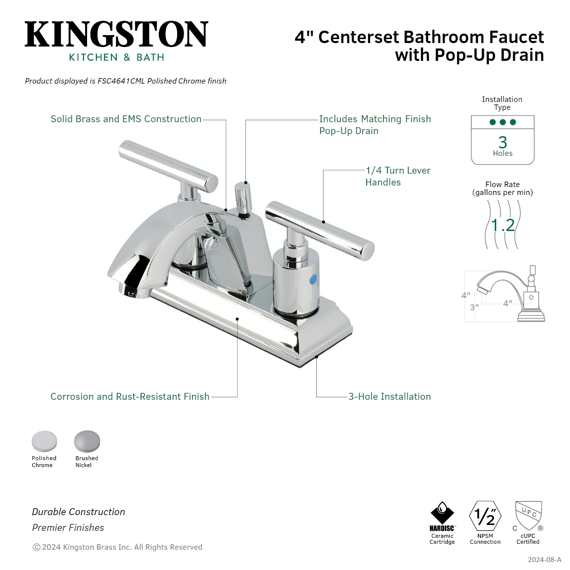 Kingston Tulare FSC4641CML - Manhattan Double-Handle 3-Hole Deck Mount 4-Inch Centerset Bathroom Faucet with Pop-Up Drain, Polished Chrome - Image 8