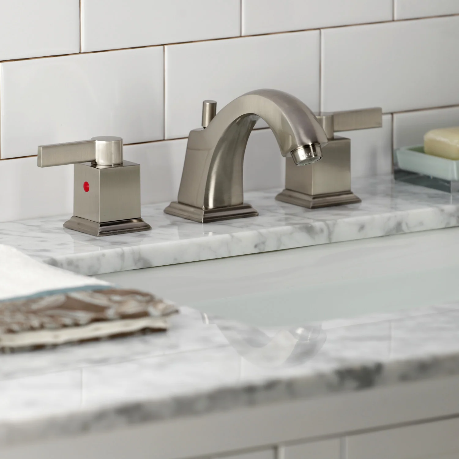 Kingston Meridian FSC4688NQL Two-Handle 3-Hole Deck Mount Widespread Bathroom Faucet with Pop-Up Drain, Brushed Nickel - Image 4