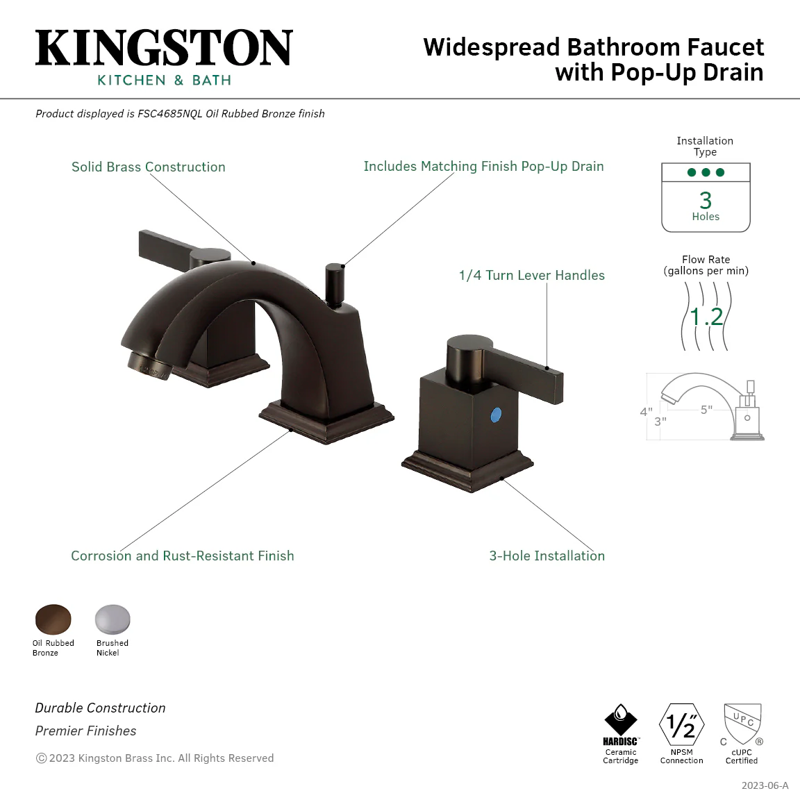 Kingston Meridian FSC4688NQL Two-Handle 3-Hole Deck Mount Widespread Bathroom Faucet with Pop-Up Drain, Brushed Nickel - Image 6
