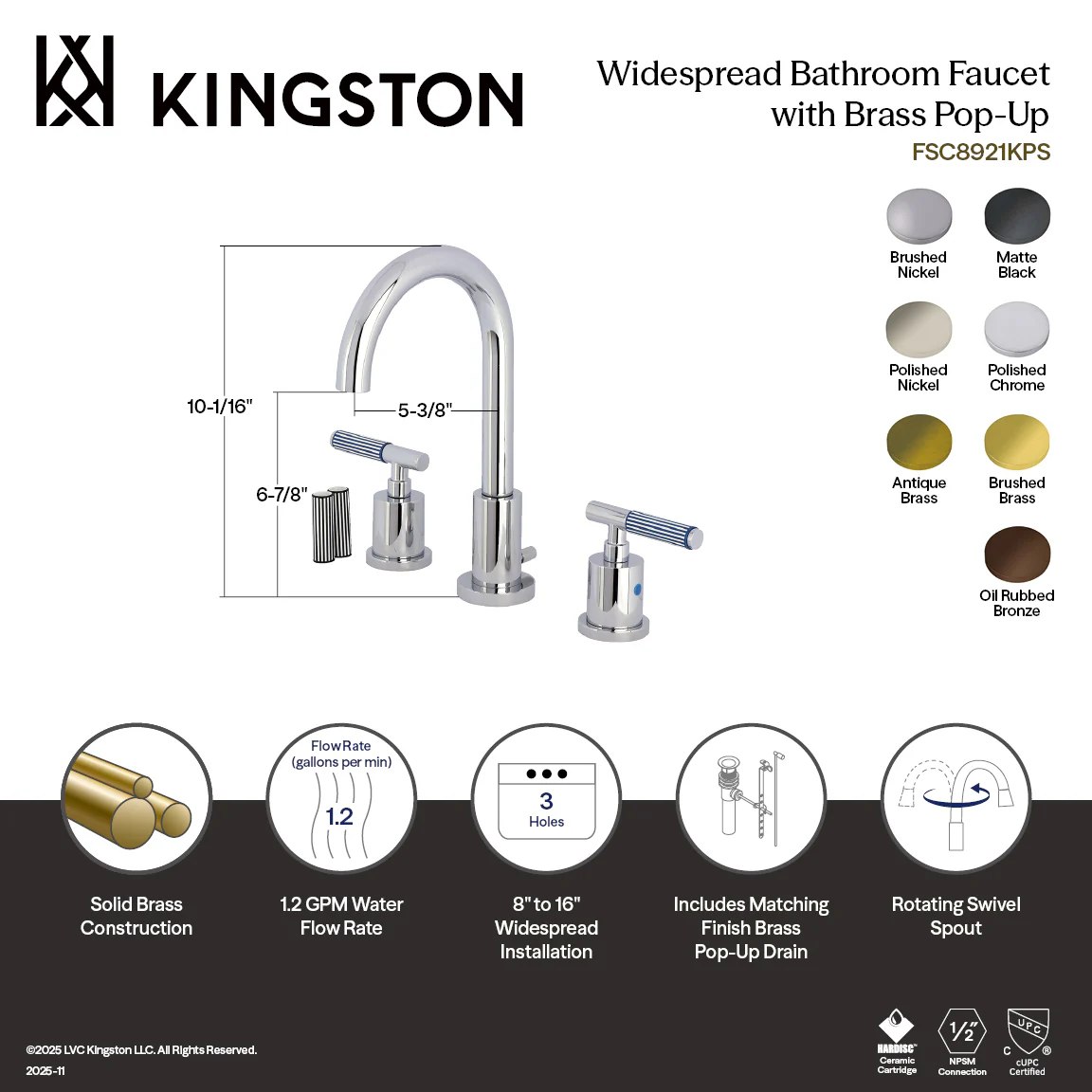 Kingston Sona FSC8923KPS - Verona Widespread Bathroom Faucet with Brass Pop-Up, Brushed Brass - Image 2