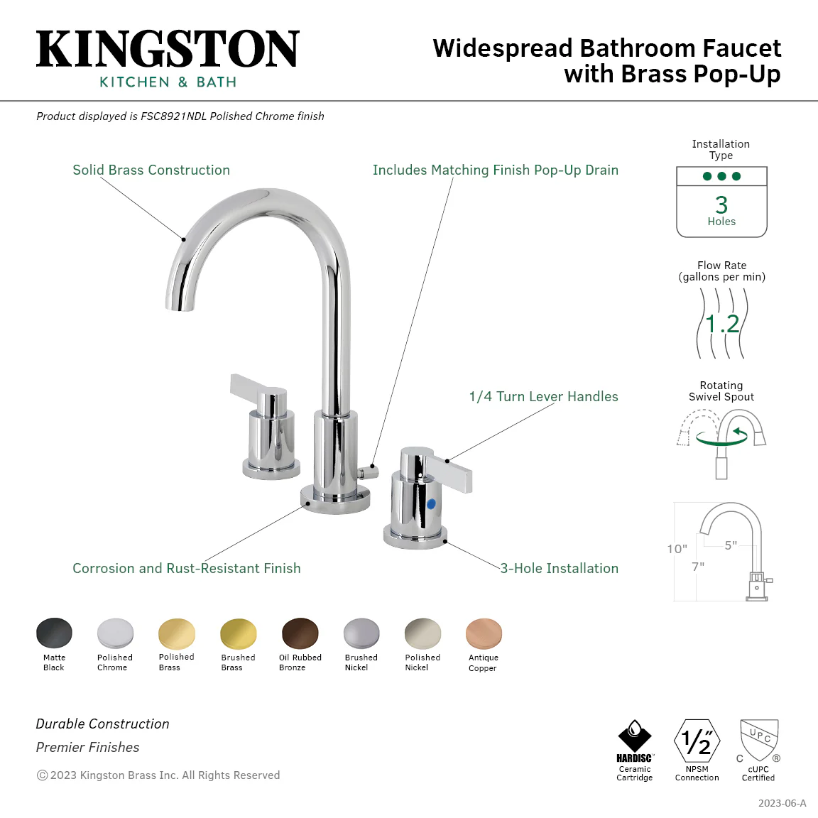 Kingston Sona FSC8923NDL - NuvoFusion Two-Handle 3-Hole Deck Mount Widespread Bathroom Faucet with Brass Pop-Up, Brushed Brass - Image 7