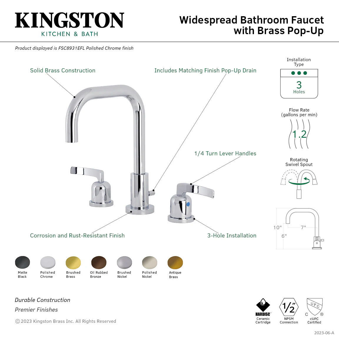 Kingston Sona FSC8938EFL - Centurion Two-Handle 3-Hole Deck Mount Widespread Bathroom Faucet with Brass Pop-Up, Brushed Nickel - Image 7