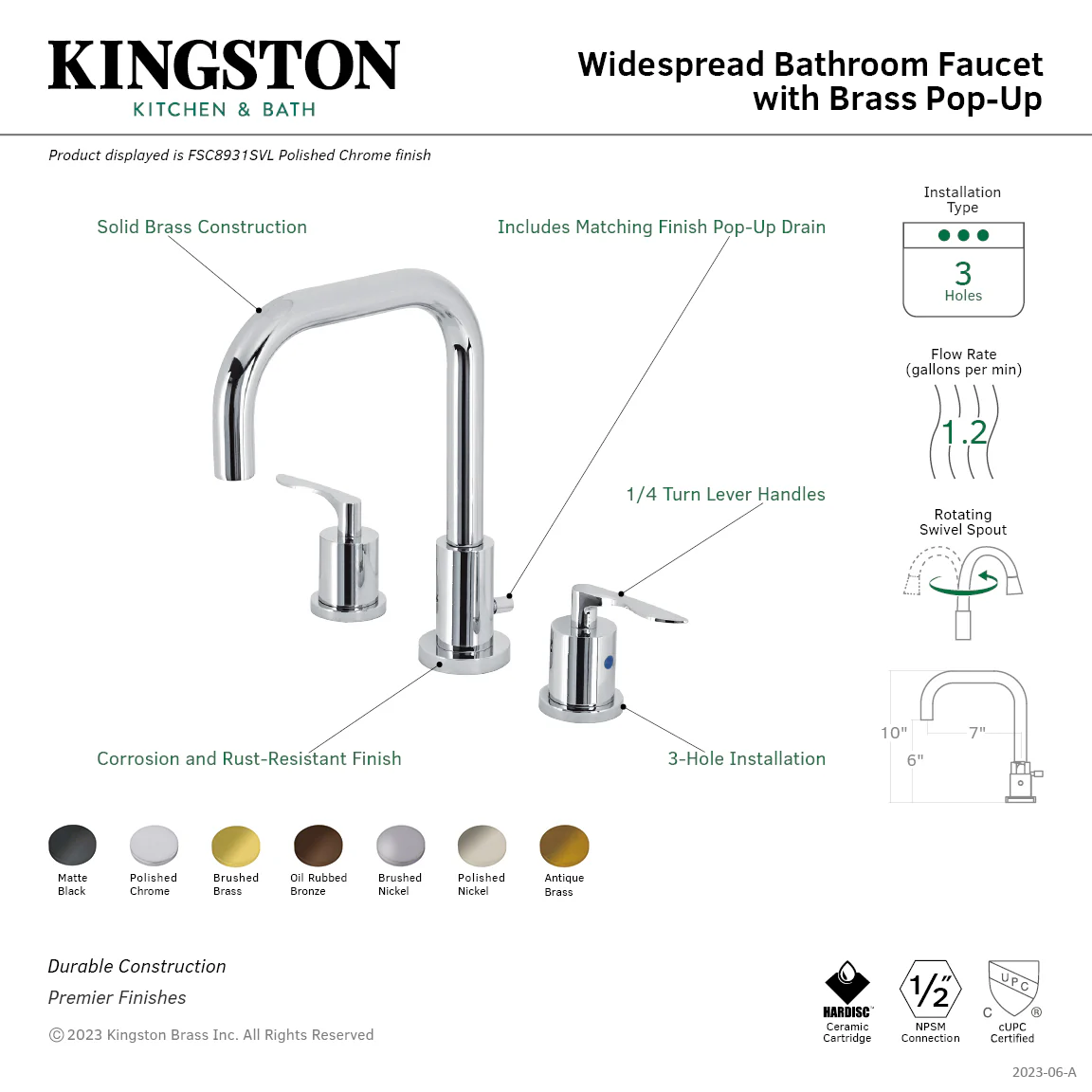 Kingston Tulare FSC8938SVL - Serena Widespread Bathroom Faucet with Brass Pop-Up, Brushed Nickel - Image 6