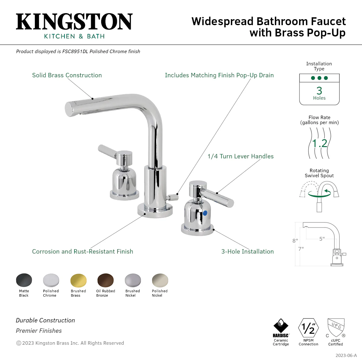 Kingston Sona FSC8951DL - Concord Two-Handle 3-Hole Deck Mount Widespread Bathroom Faucet with Brass Pop-Up, Polished Chrome - Image 7
