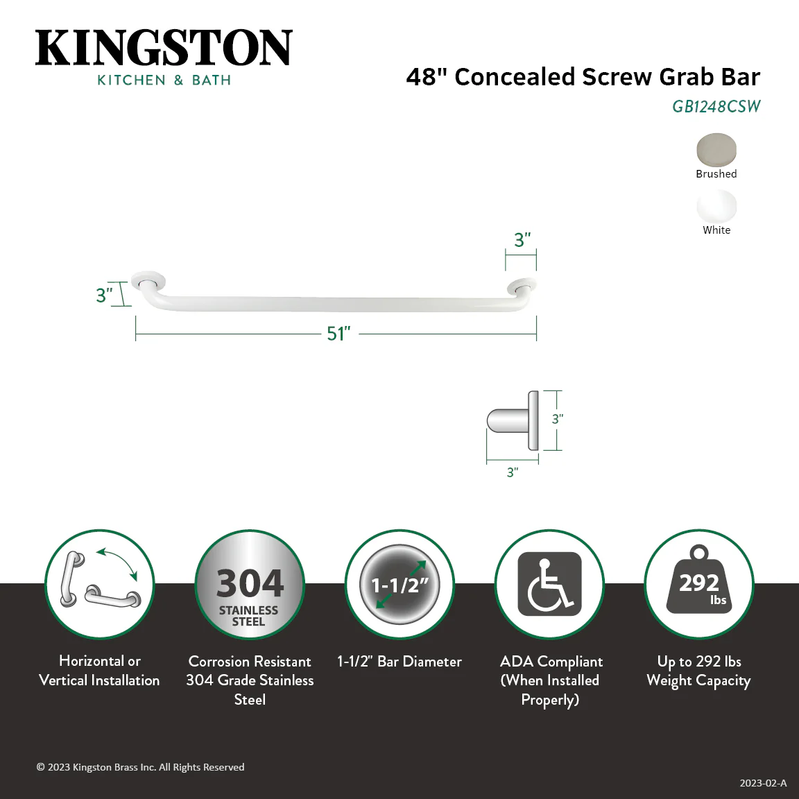 Kingston Tulare GB1248CS - Made To Match 48-Inch x 1-1/2-Inch O.D. Stainless Steel ADA Grab Bar, Brushed Stainless Steel - Image 2