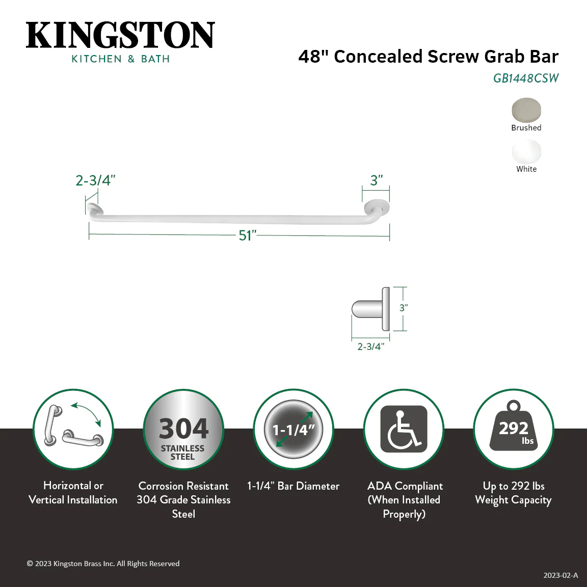 Kingston Made To Match GB1448CSW 48-Inch x 1-1/4-Inch O.D. Stainless Steel ADA Grab Bar, White - Image 4