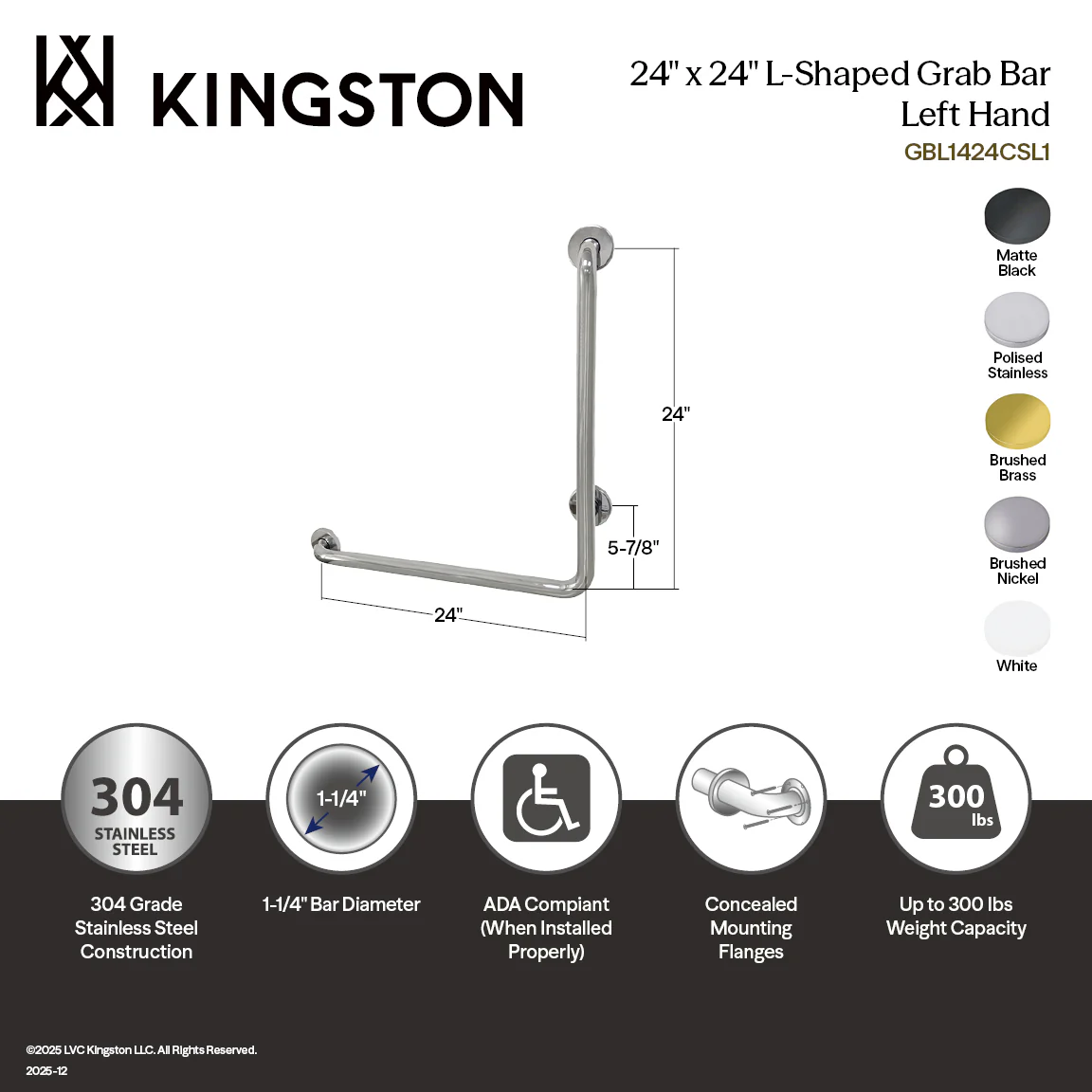 Kingston Tulare GBL1424CSL1 - Made To Match 24-Inch x 24-Inch L-Shaped Stainless Steel ADA Grab Bar - Left Hand, Mirror - Image 2