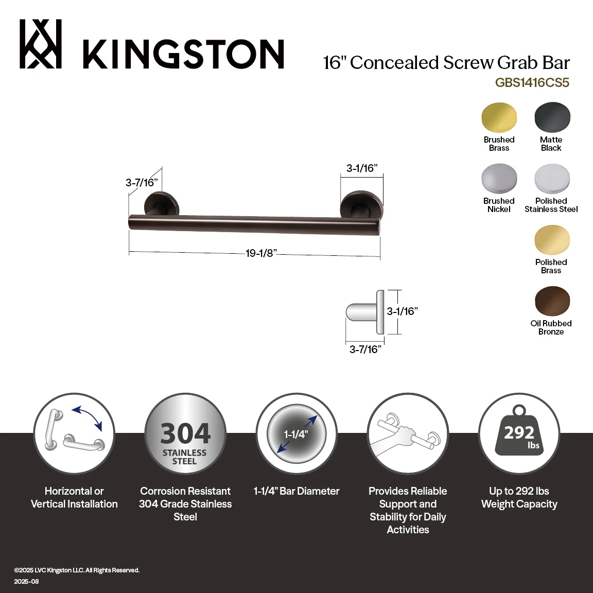 Kingston Sona GBS1416CS7 - Berwyn 16-Inch x 1-1/4-Inch O.D. Stainless Steel Grab Bar, Brushed Brass - Image 2