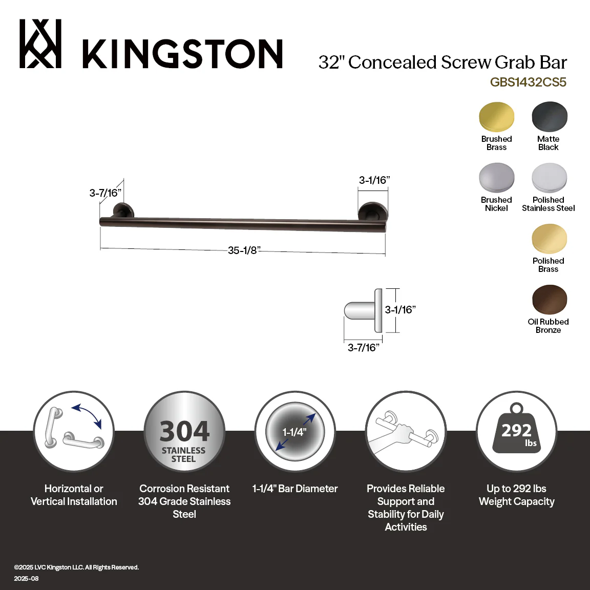 Kingston Sona GBS1432CS2 - Berwyn 32-Inch x 1-1/4-Inch O.D. Stainless Steel Grab Bar, Polished Brass - Image 2