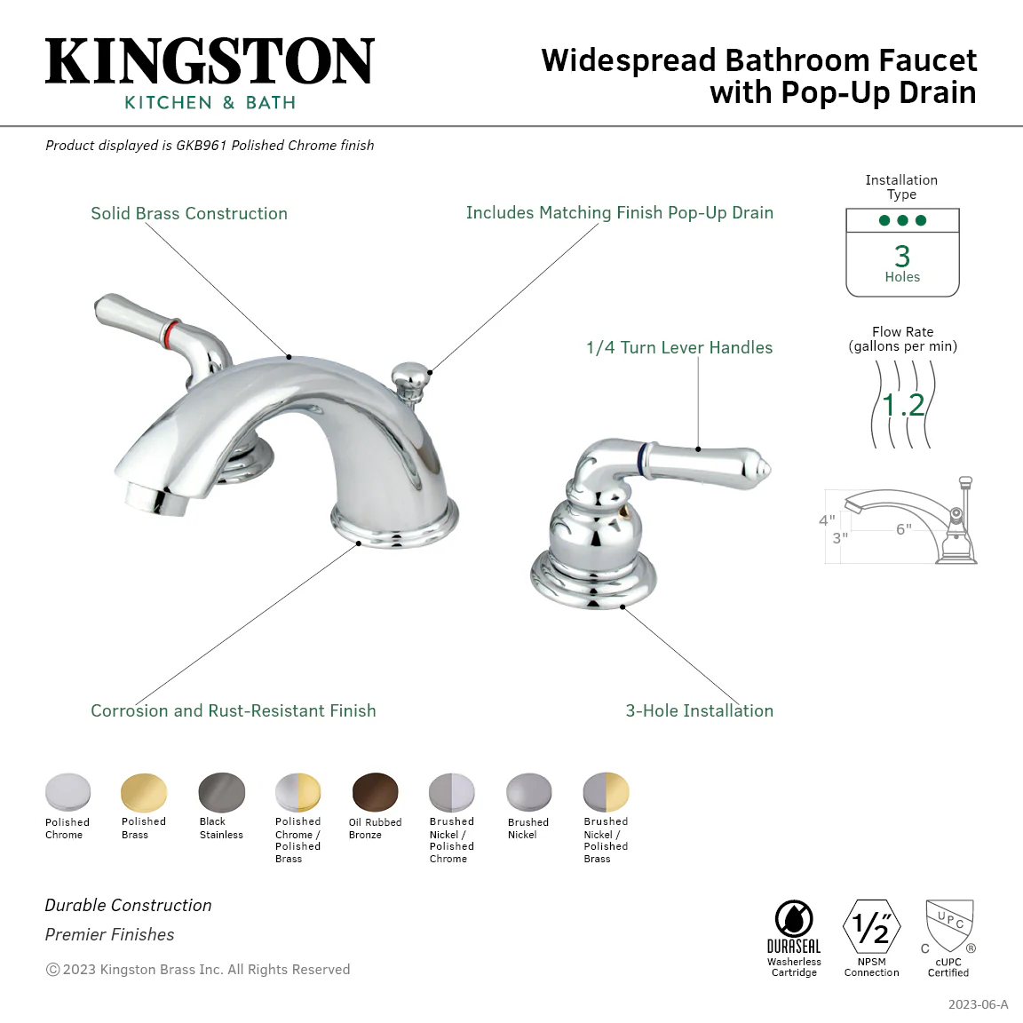 Kingston Tulare GKB964 - Magellan Two-Handle 3-Hole Deck Mount Widespread Bathroom Faucet with Pop-Up Drain, Polished Chrome/Polished Brass - Image 2