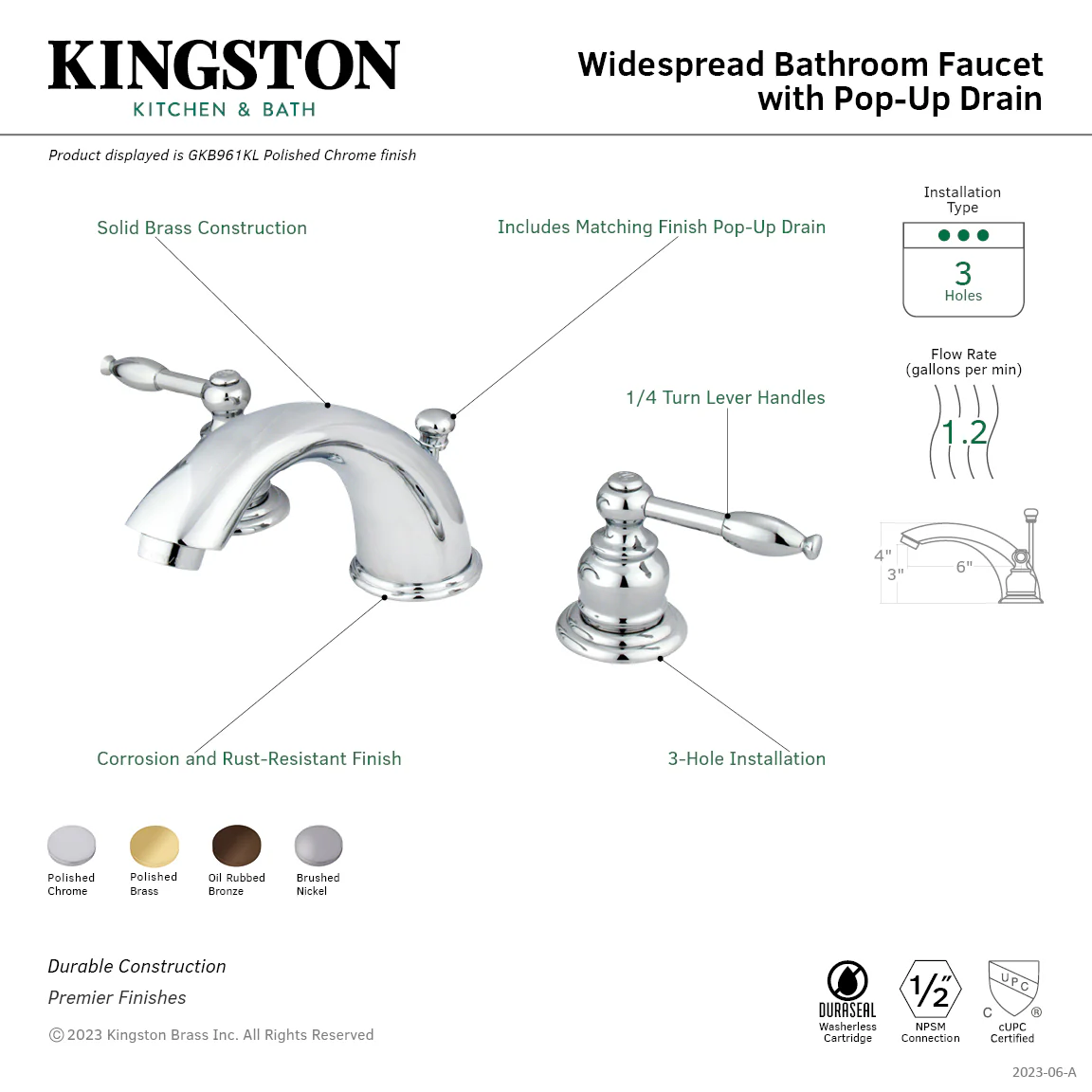 Kingston Heirloom GKB965KL - Knight Two-Handle 3-Hole Deck Mount Widespread Bathroom Faucet with Pop-Up Drain, Oil Rubbed Bronze - Image 2
