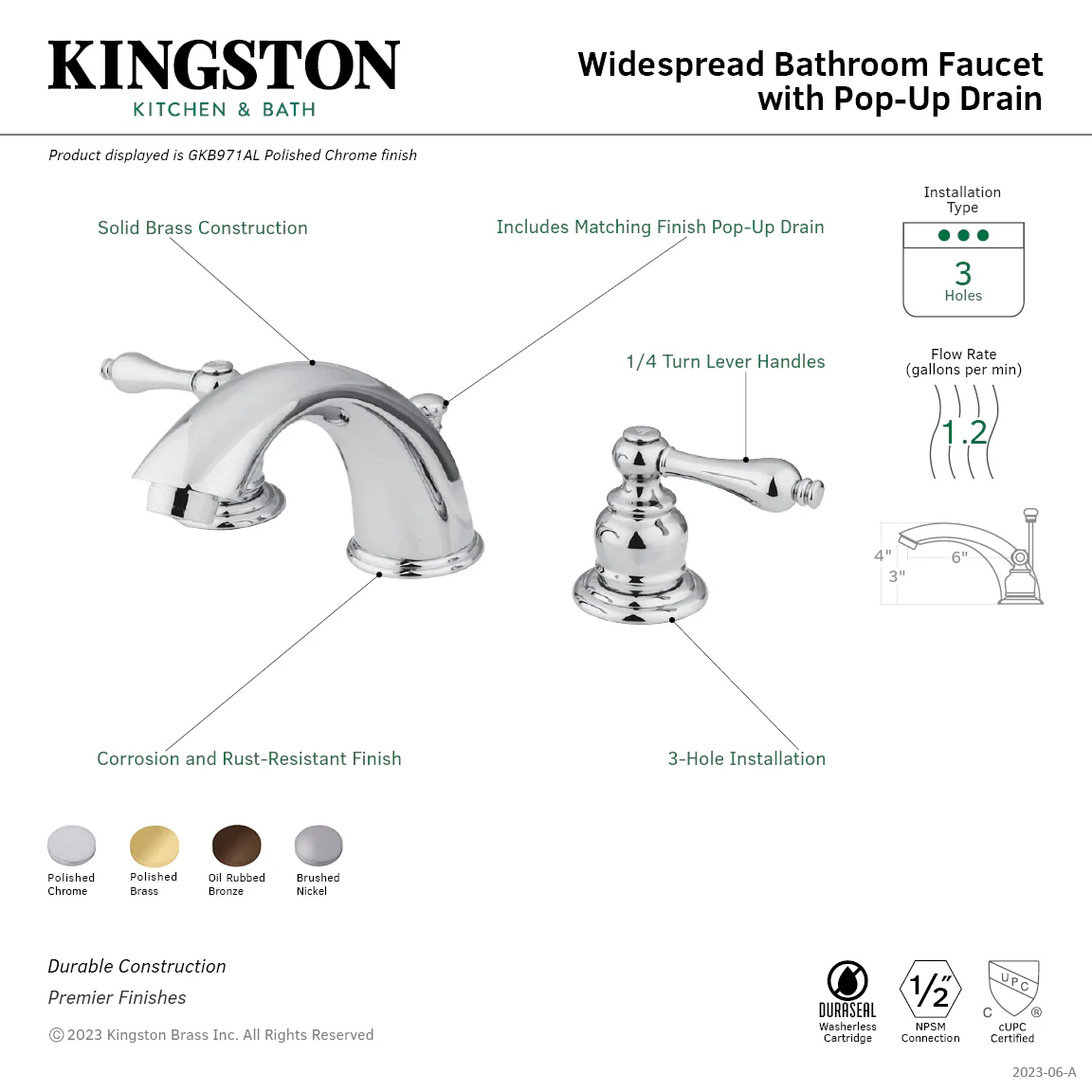 Kingston Heirloom GKB972AL - Victorian Two-Handle 3-Hole Deck Mount Widespread Bathroom Faucet with Pop-Up Drain, Polished Brass - Image 2