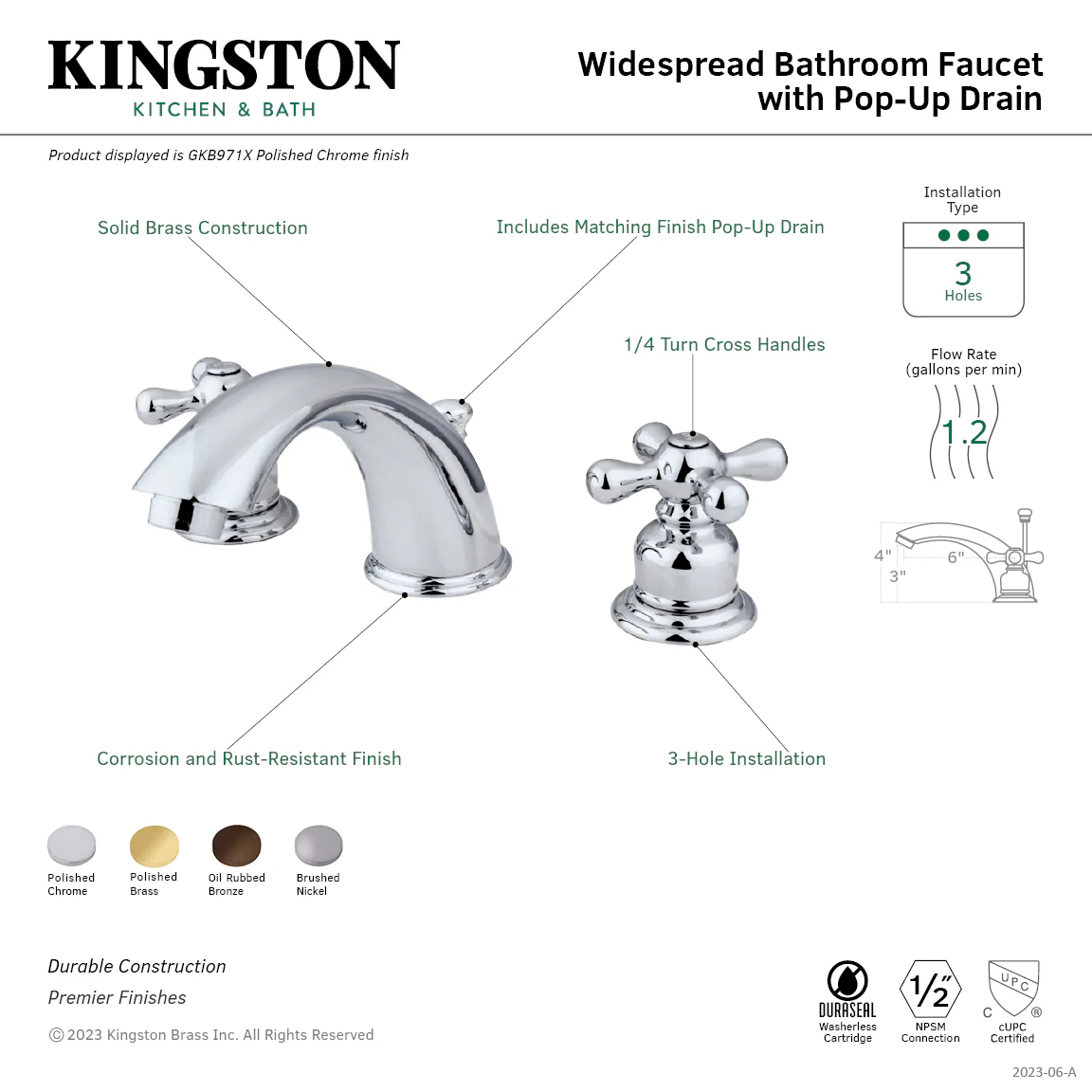 Kingston Heirloom GKB975X - Victorian Two-Handle 3-Hole Deck Mount Widespread Bathroom Faucet with Pop-Up Drain, Oil Rubbed Bronze - Image 2