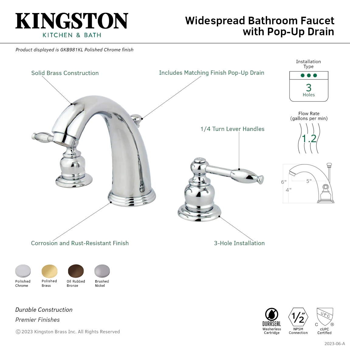 Kingston Heirloom GKB981KL - Knight Two-Handle 3-Hole Deck Mount Widespread Bathroom Faucet with Pop-Up Drain, Polished Chrome - Image 2