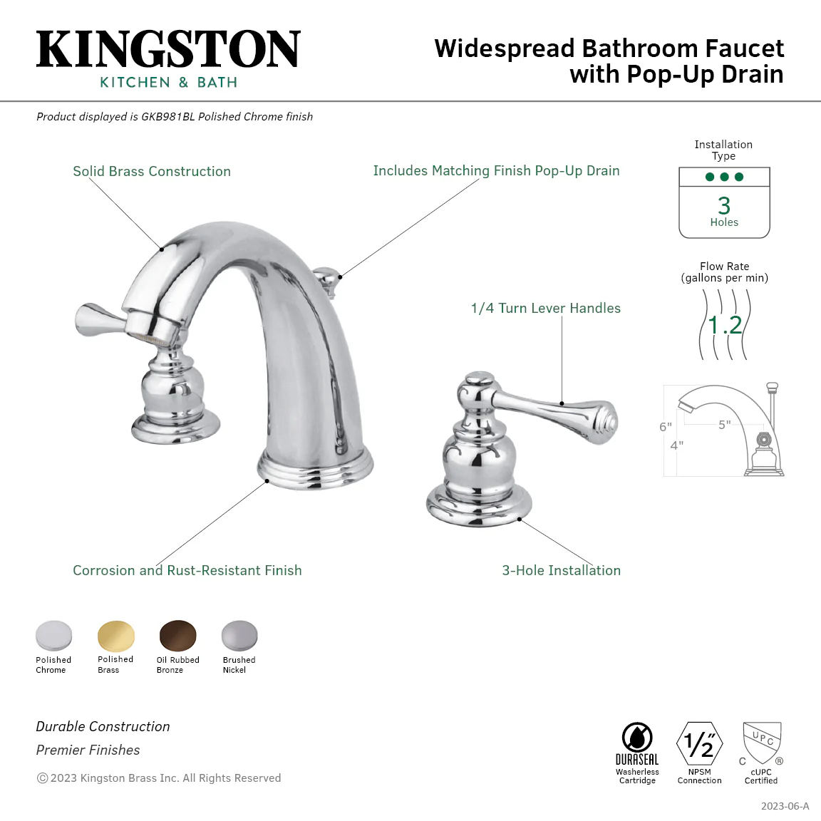 Kingston Tulare GKB985BL - Vintage Two-Handle 3-Hole Deck Mount Widespread Bathroom Faucet with Pop-Up Drain, Oil Rubbed Bronze - Image 2
