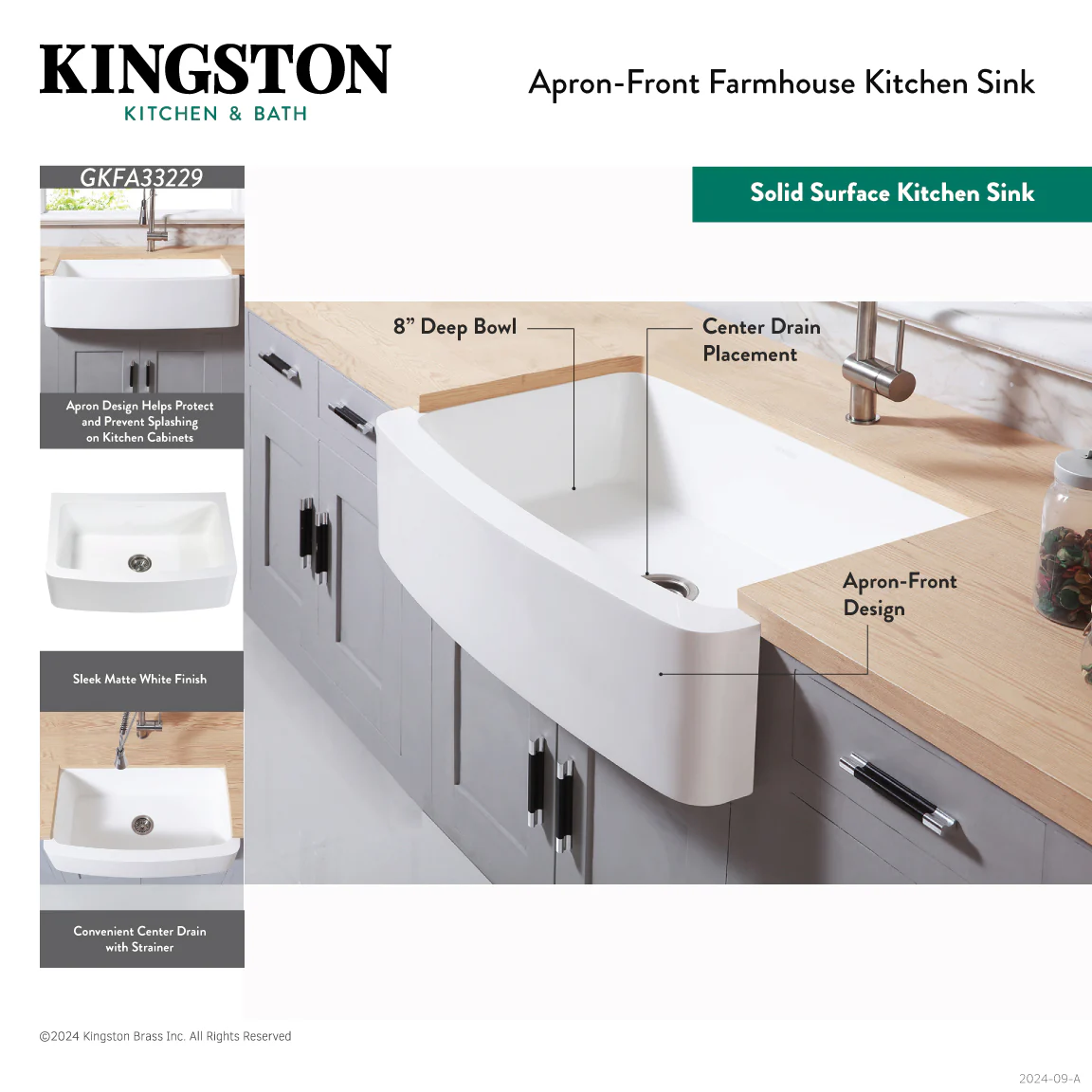 Kingston Tulare GKFA33229 - Arcticstone 33-Inch Solid Surface White Stone Apron-Front Single Bowl Farmhouse Kitchen Sink with Strainer, Matte White - Image 10