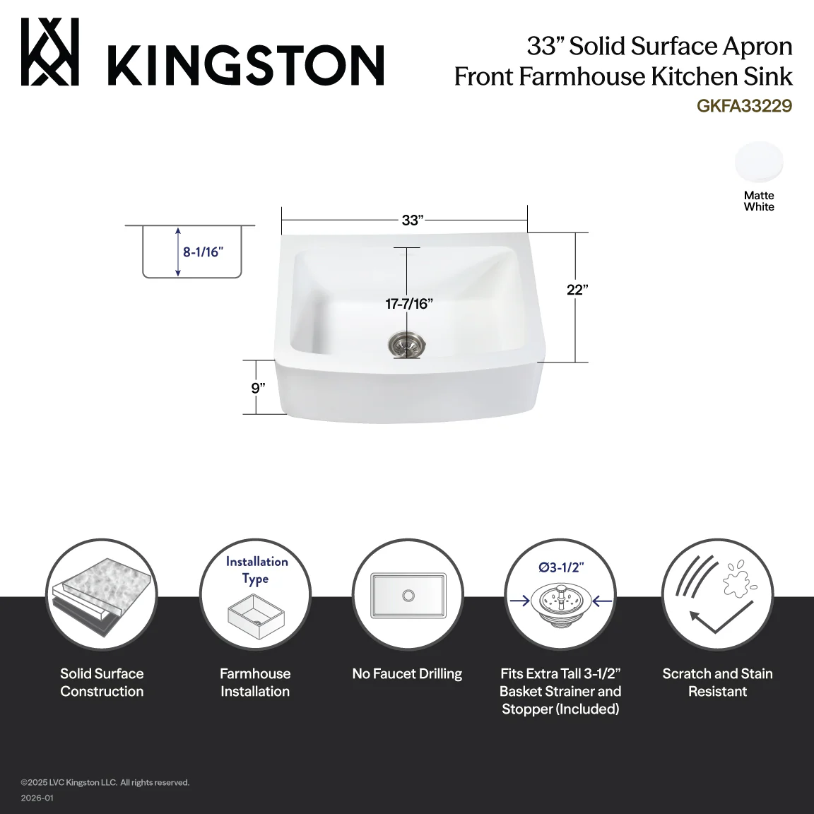 Kingston Tulare GKFA33229 - Arcticstone 33-Inch Solid Surface White Stone Apron-Front Single Bowl Farmhouse Kitchen Sink with Strainer, Matte White - Image 9