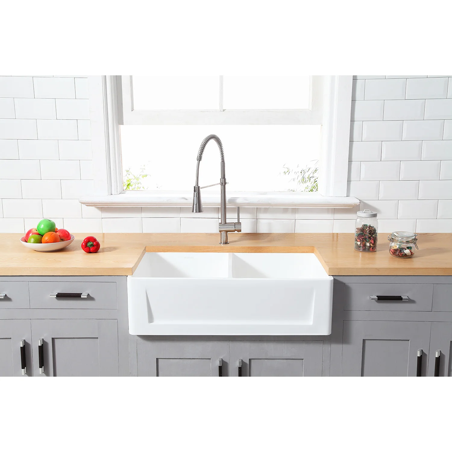 Kingston Arcticstone GKFA361810SQD 36-Inch Solid Surface White Stone Apron-Front Double Bowl Farmhouse Kitchen Sink with Strainers x 2, Matte White - Image 3
