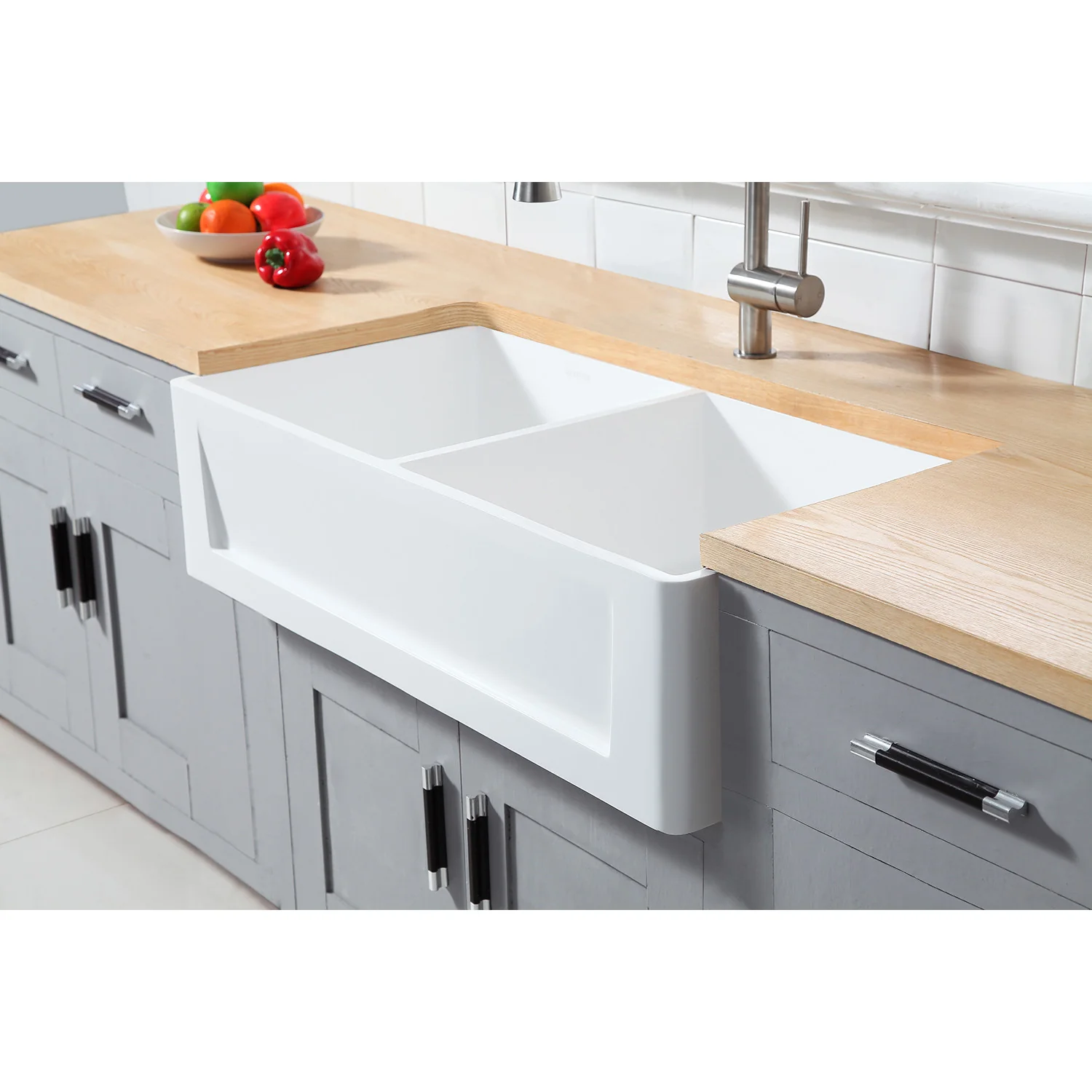 Kingston Arcticstone GKFA361810SQD 36-Inch Solid Surface White Stone Apron-Front Double Bowl Farmhouse Kitchen Sink with Strainers x 2, Matte White - Image 4